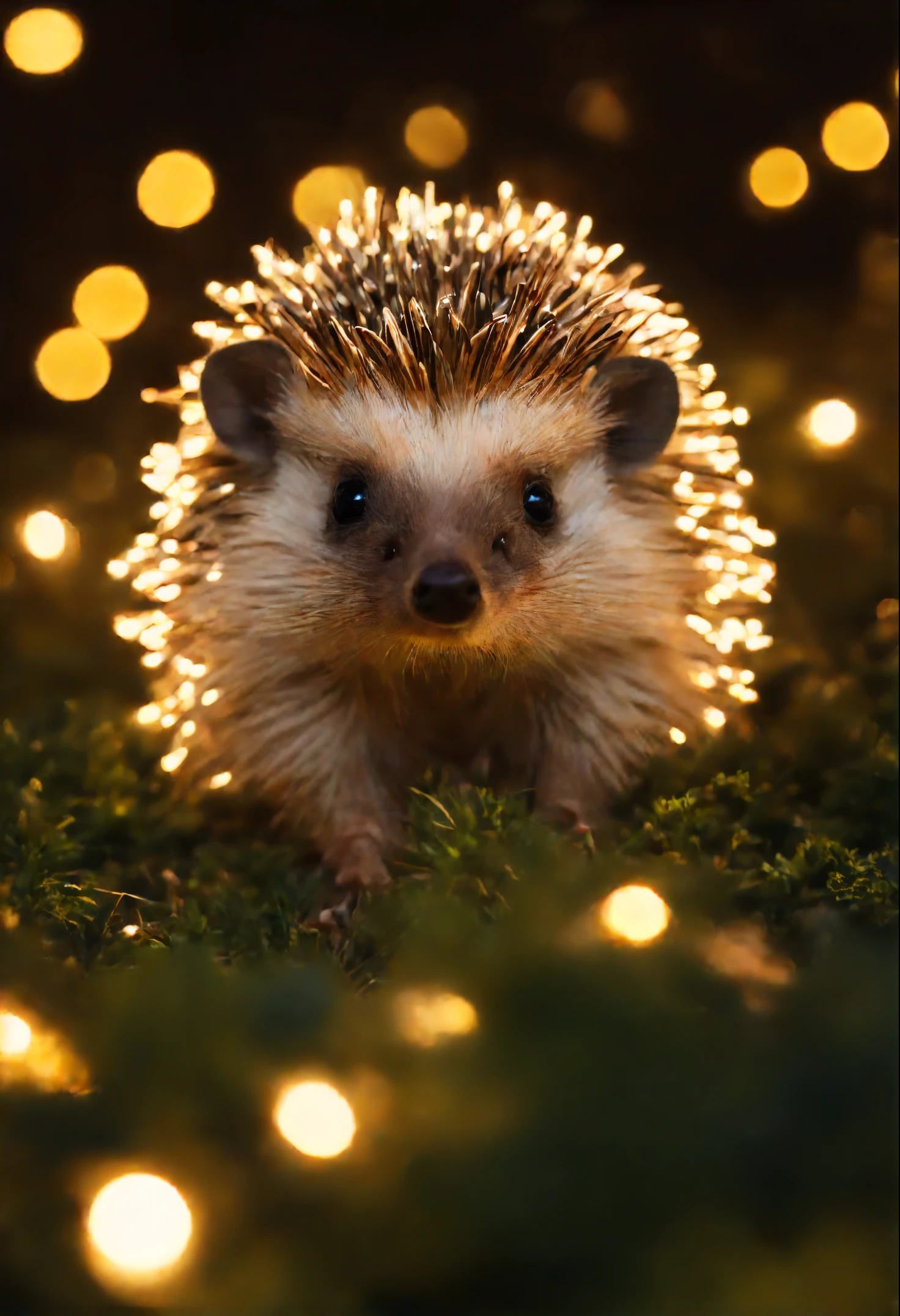 Glowing Hedgehog, New Year&#39;s hedgehog, close-up of a hedgehog, portrait of a hedgehog, garland, Fireflies,