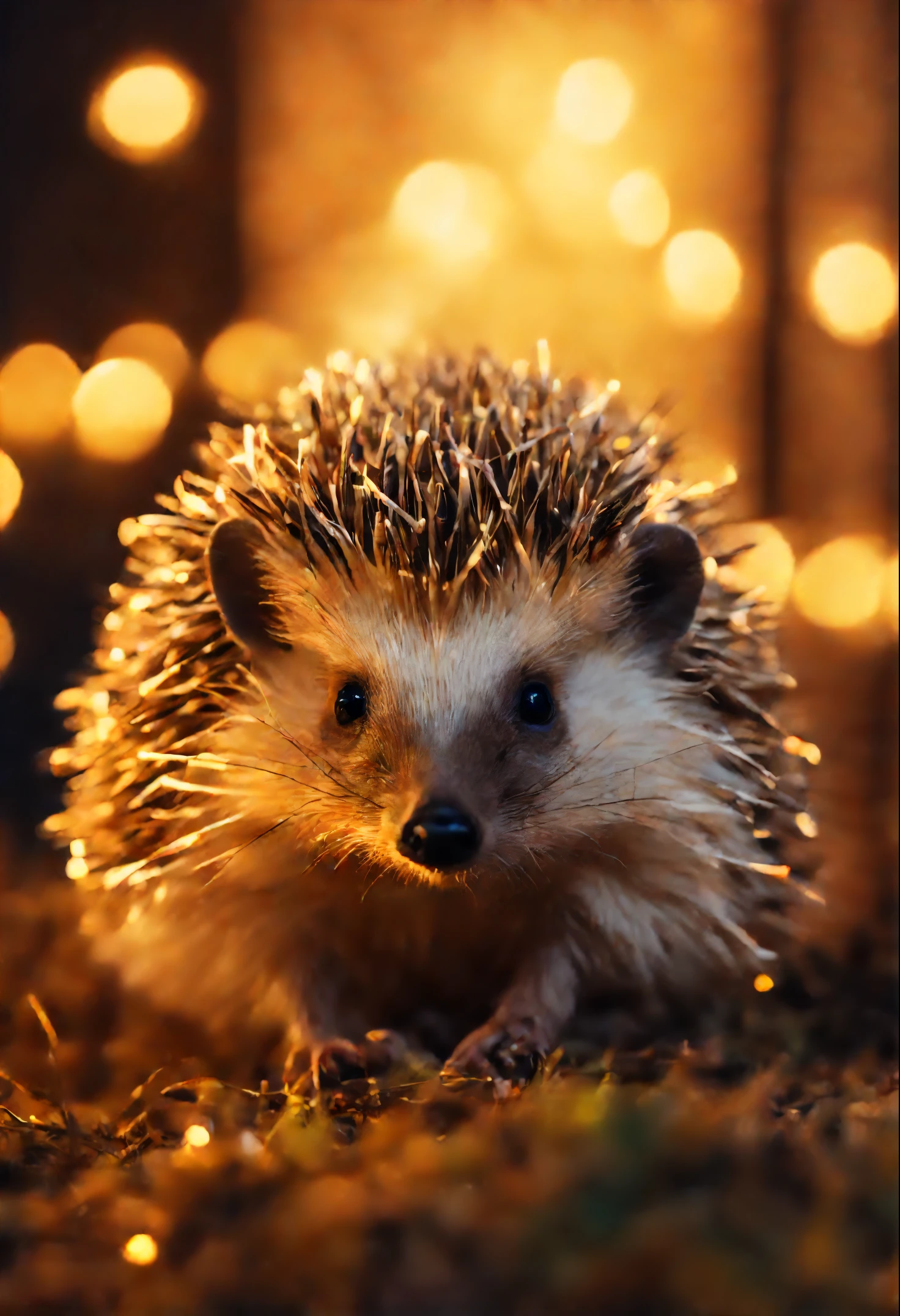 Glowing Hedgehog, New Year's hedgehog, close-up of a hedgehog, portrait of a hedgehog, garland, Fireflies,