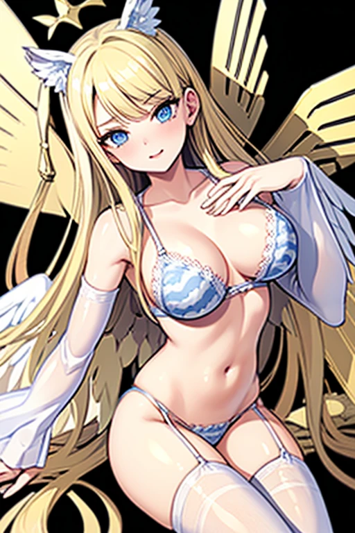 ((Best Quality)), ((Masterpiece)), (detailed), perfect faces, blonde hair, blue eyes, large breast, sexy, white tiger pattern bra, white tiger pattern lingerie, white tiger pattern underwear, cum in pussy, breast milk, angel wings