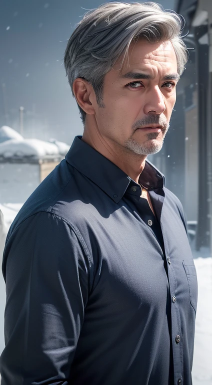 (best quality,master piece,high resolution,Photorealisitic,raw photo:1.3),upper body shot,(solo),(male:1.2),look at the viewer,(Gray hair mixed:1.2),(navy blue collared shirt),(extra short hair:1.2),(asian,modeled:1.3),(handsome:1.2),45 years old,Wernigerode in the snow,Germany