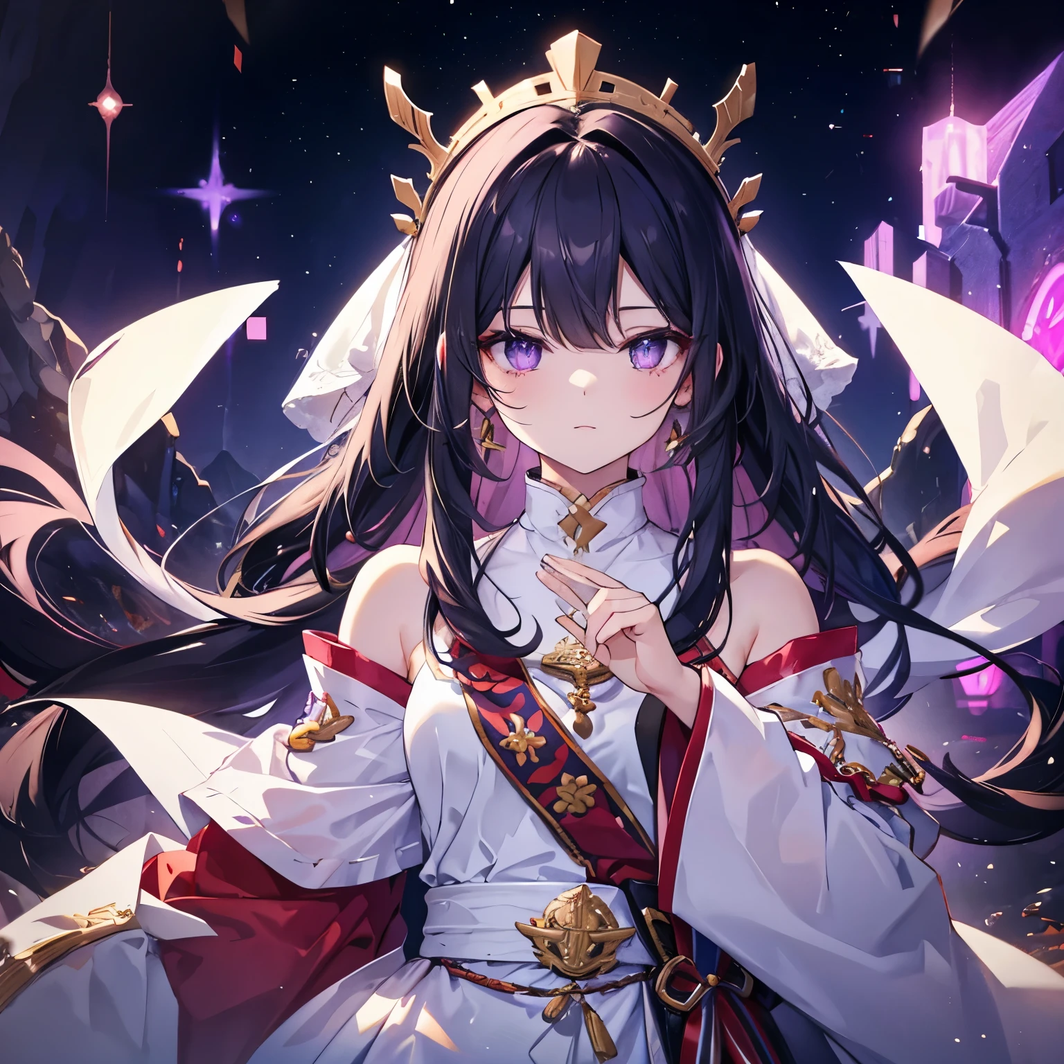 Black hair، purple Eyes with star pupils, hey bit for from the us, she is mature physically and the, princess, wearing mudassly