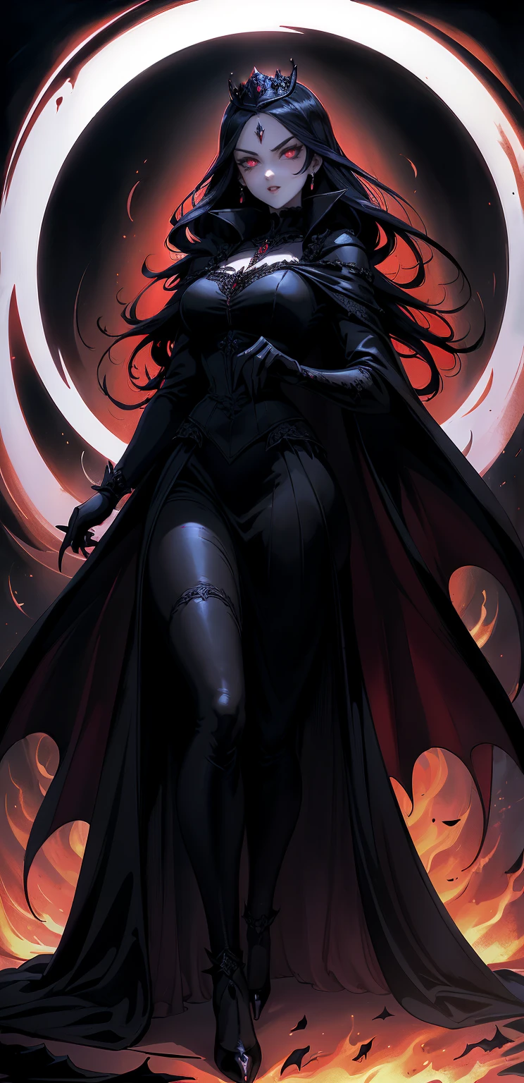 absurdres, ((stunning female Vampire))), goth Renaissance, (long black hair:1.erfect and detailed angular sharp oval shaped face, ((redeyes)), jewelry, red and black tetradic colors, full lips, gothic castle background, (solo), perfect anatomy, approaching perfection, ethereal, intricate details, ultra-high definition, 12k resolution, goth aesthetic, smooth, sharp focus, dreamy, glowing, backlit, glamour, glimmer, fantastical, shadows, smooth, Gothic crown, walking through flames of fire, (whole body) full body , backwards, looking back, gothic illustration