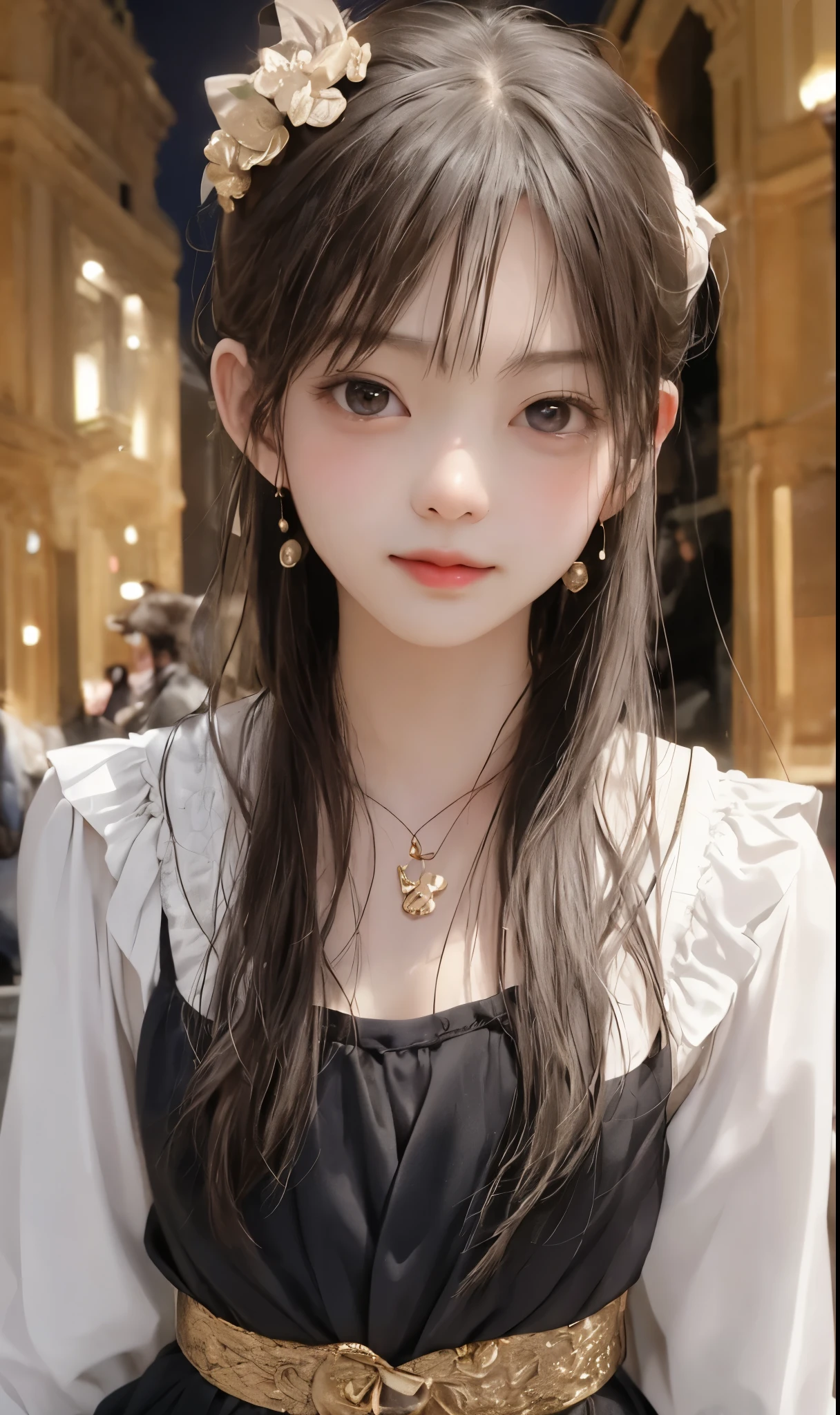 (in 8K、Raw photography、top-quality、超A high resolution、Detailed hand、masterpiece:1.2)、Forehead visible、ren、Beautiful fece、One Person、fullllbody、cute little、A Japanese Lady、(Photorealsitic:1.37)、photon limited、tiny body、cute littleテーブル、Palace of Versailles、lunch