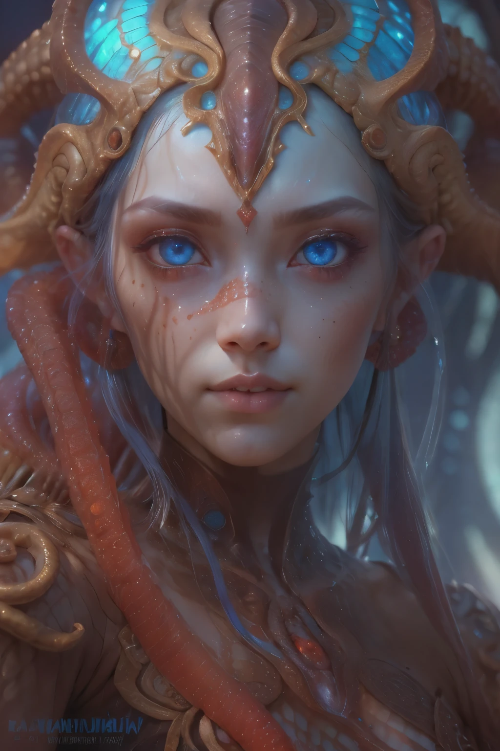 Portrait, (beautiful female alien:1.2),  (There is a female genital-like organ in the middle of the forehead...:1.8), (The most beautiful face in the history of the universe:1.2), (scarlet eyes:1.6), (Translucent skin:1.8), an evil gaze that seduces , (red eyes:1.5), Full body like, (sexypose:1.5), alien, No humans, cells are fused, (Lots of translucent tentacles:1.1) (Translucent skin:1.3), extraterrestrial, cell, bio image, 魅惑的, Best Quality, 8K,4K_quality, High Definition, Dramatic Lighting, masutepiece:1.5,cinematic quality, detail up, (Intricate details:1.2), High resolution, High Definition, drawing faithfully, (Thick eyebrows:1.2), Beautiful eyes with fine symmetry, (Ultra detailed eyes:1.2),(Highly detailed face and eyes:1.2), (High-resolution red-eye:1.4), Intimate face, (Super detailed skin quality feeling:1.4), Perfect Anatomy,  (Beautiful toned body:1.5),  (Moist skin:1.2), No makeup, (dark circles:1.1), long canines, cinematic drawing of characters, ultra high quality model, cinematic quality, detail up, (Intricate details:1.2), High resolution, High Definition, drawing faithfully, Official art, Unity 8K wall  , 8K Portrait, Best Quality, Very High resolution, ultra detailed artistic photography, midnight aura,  unreal enginee 5, Ultra Sharp Focus, art by alberto seveso, ArtGerm, Roisch, intricate artwork, Medusa, best quality, masutepiece, ultra High resolution, (photos realistic：1.4), Ultra-realistic realism, dream-like,  nautilus, Creation of fantasy, Snail, Dream Snail,  biopunk nautilus, Thrilling color schemes， Ultra-realistic realism， seductively smiling, Blue tentacles