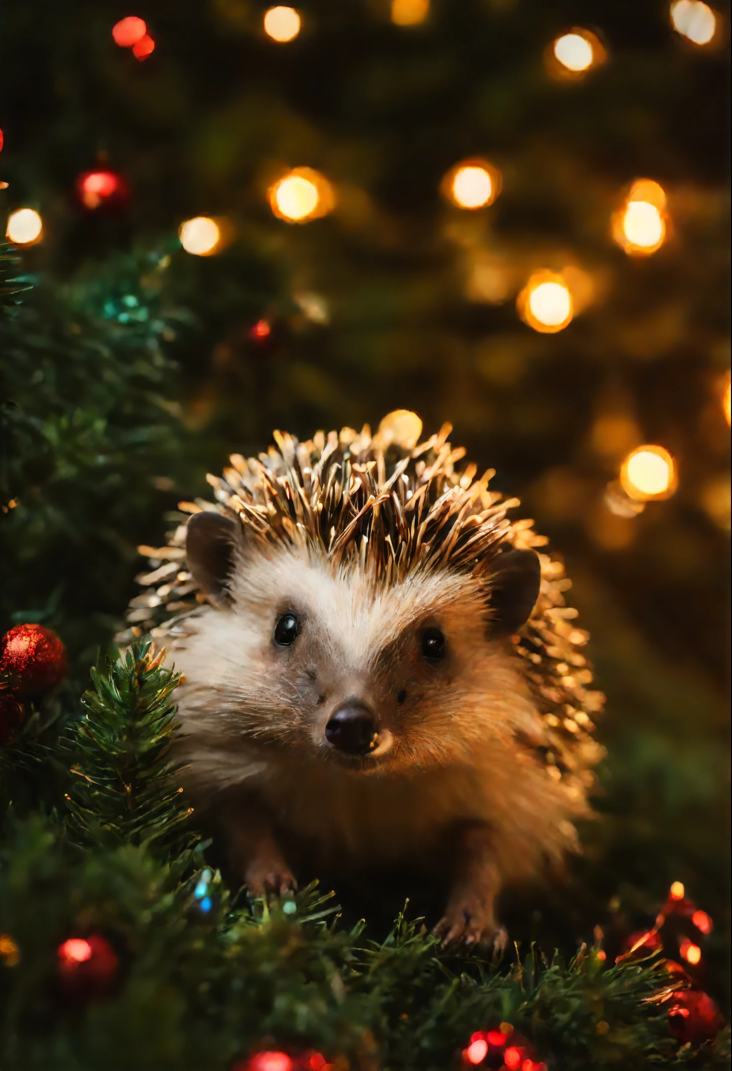 Glowing Hedgehog, glowing needles, New Year&#39;s hedgehog, hedgehog and Christmas tree, close-up of a hedgehog, portrait of a hedgehog, garland, Fireflies,