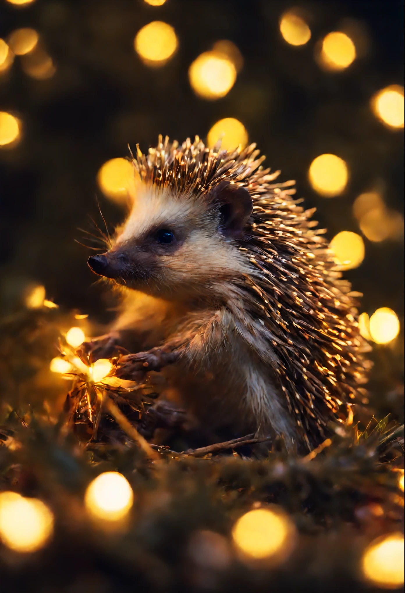 Glowing Hedgehog, glowing needles, New Year&#39;s hedgehog, hedgehog and Christmas tree, close-up of a hedgehog, portrait of a hedgehog, garland, Fireflies,