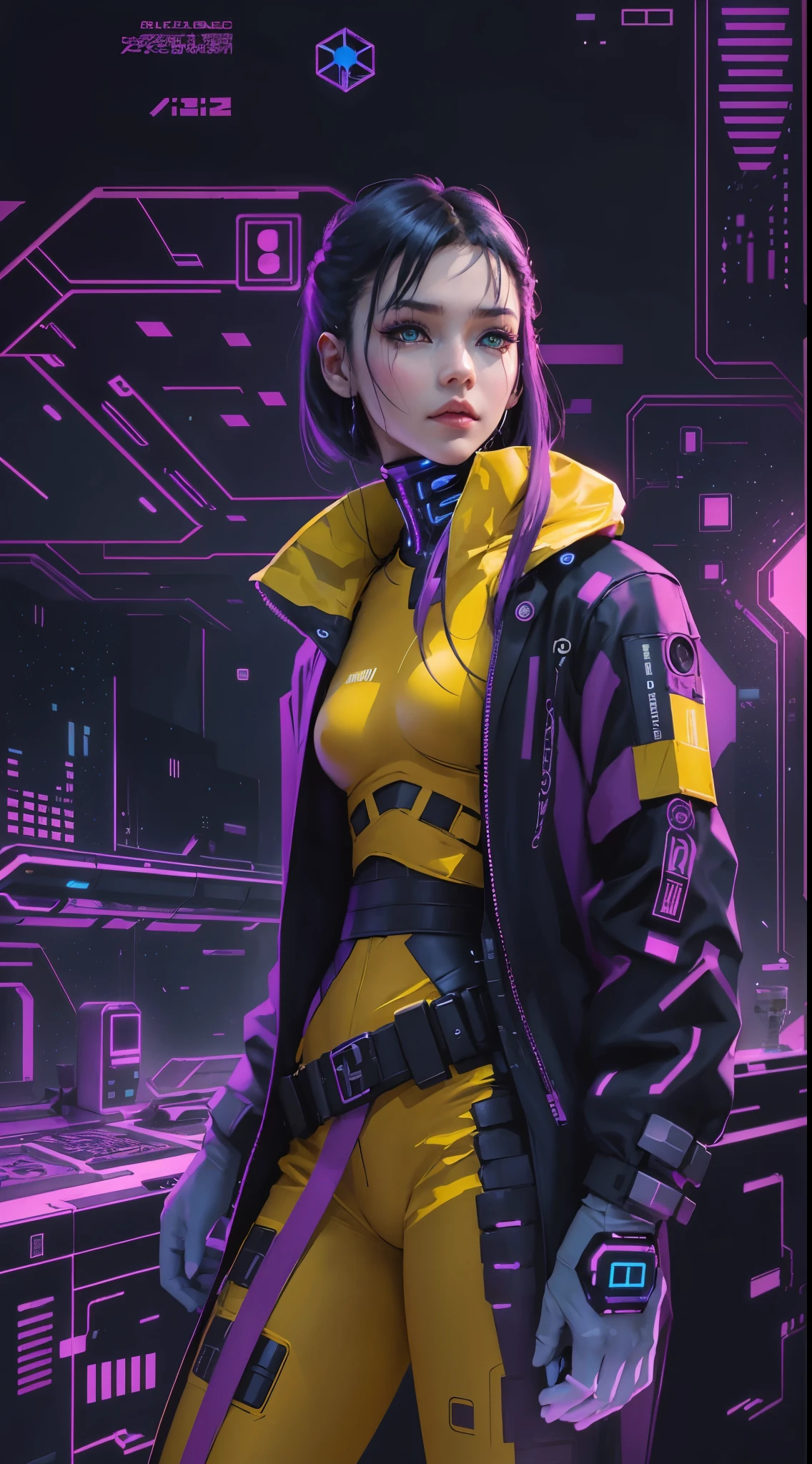 《bladerunner》filmposter:1 lady, Starry sky and zodiac constellations, The purple hue is like a nebula, Vast space, cyber punk perssonage底部的城市, ( Background with:black and yellow Background with1.4), (对称:1.2), (artistic décor:1.4), (Retro-Future:1.4), (Minimalist:1.4), (Clean:1.4), (Flat_colours:1.4), (cyber punk perssonage,Android:1.4), CCDDA art style