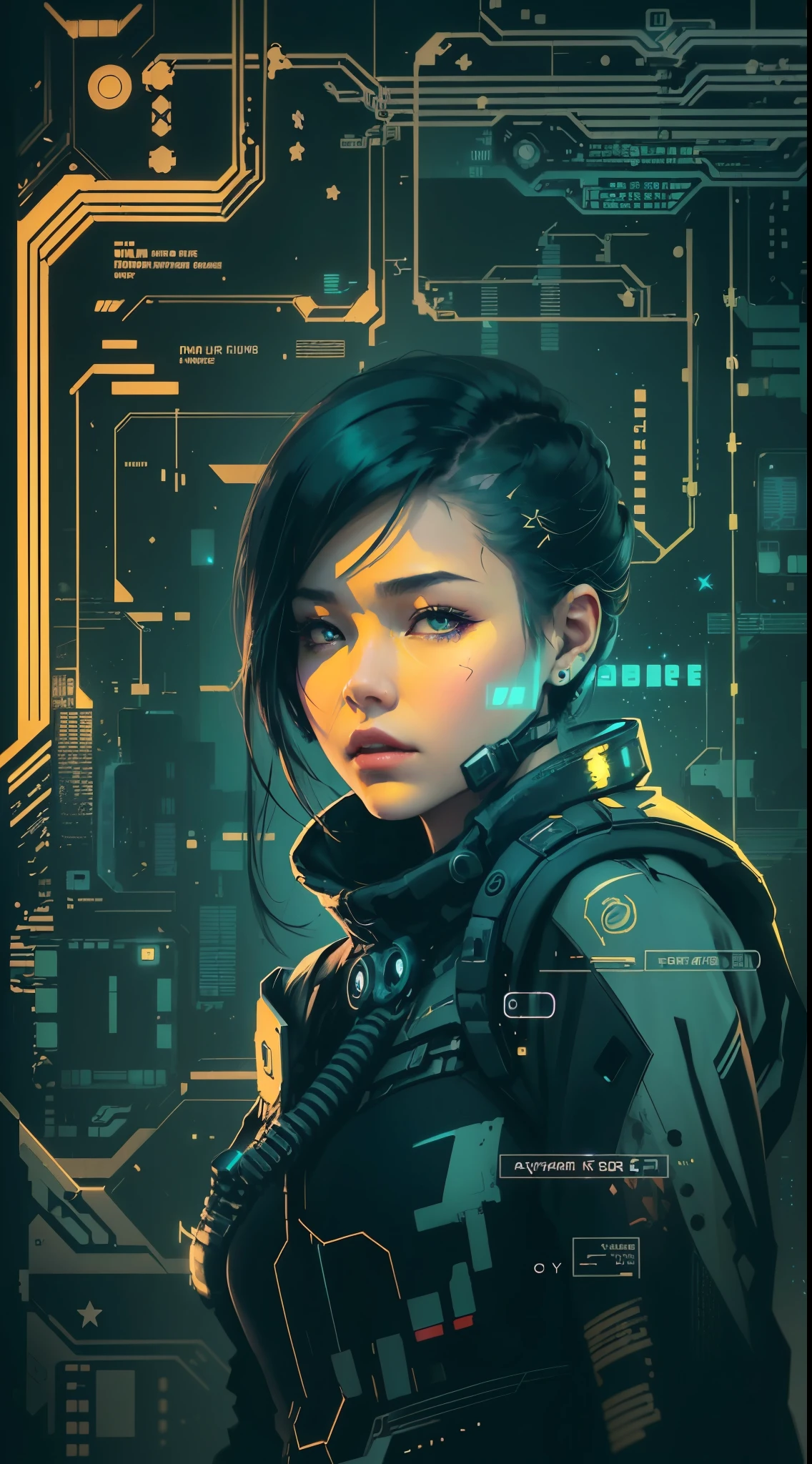 《bladerunner》filmposter:1 lady, Starry sky and zodiac constellations, The purple hue is like a nebula, Vast space, cyber punk perssonage底部的城市, ( Background with:black and yellow Background with1.4), (对称:1.2), (artistic décor:1.4), (Retro-Future:1.4), (Minimalist:1.4), (Clean:1.4), (Flat_colours:1.4), (cyber punk perssonage,Android:1.4), CCDDA art style