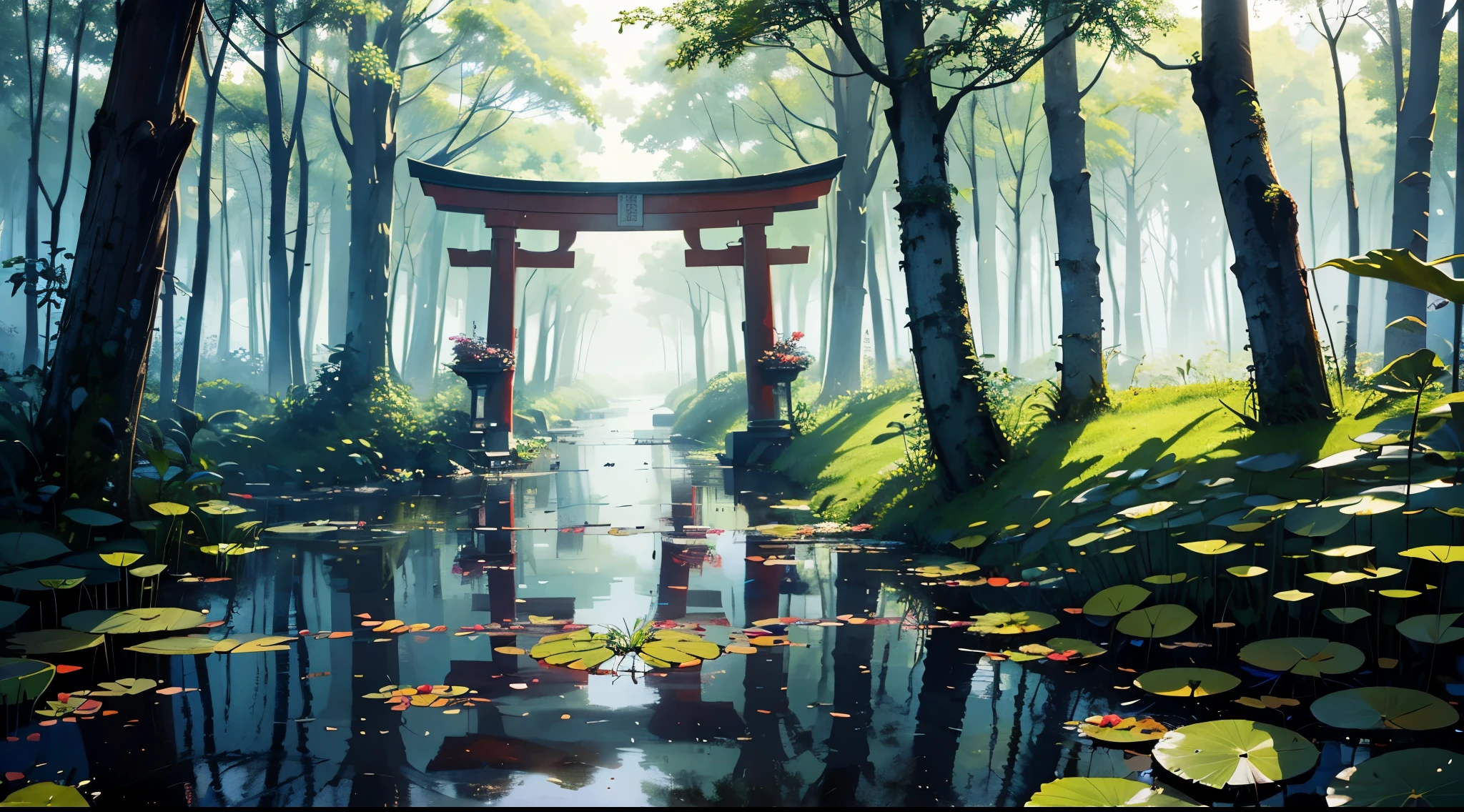(best quality,masterpiece:1.2,8K),a realistic torii gate,lotus leaves:3,water lilies:3,(mist,cloudy),forest,swamp