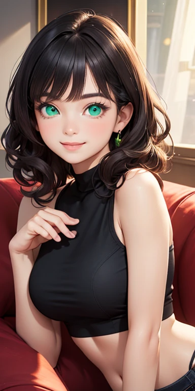 baby face, short black hair,curly hair,wavy hair, (photorealistic:1.4), (masterpiece, sidelights, exquisite beautiful eyes: 1.5), masterpiece*portrait, realistic, 3D face,kawaii face,front view: 1.5、 (glowing green eyes:1.2),plump face:1.5,(tareme:1.5)、grin,Rosy Mouth,Slim Body,abs, shiny hair, shiny skin: 1.5、large breasts:1.3,solo,(sit)、(cutout between underboob and crop top)、(charactor focus:1.5、portrait)、upper body,
