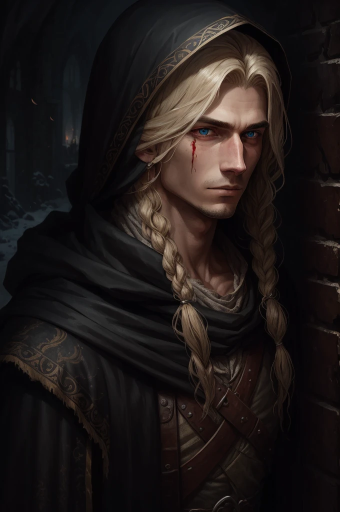 A scarred young man with long blond hair and a long scar on his face, a mage, dirty medieval clothing, hood, blood, cold beauty, Deviant sart, Artstation, oil pantining