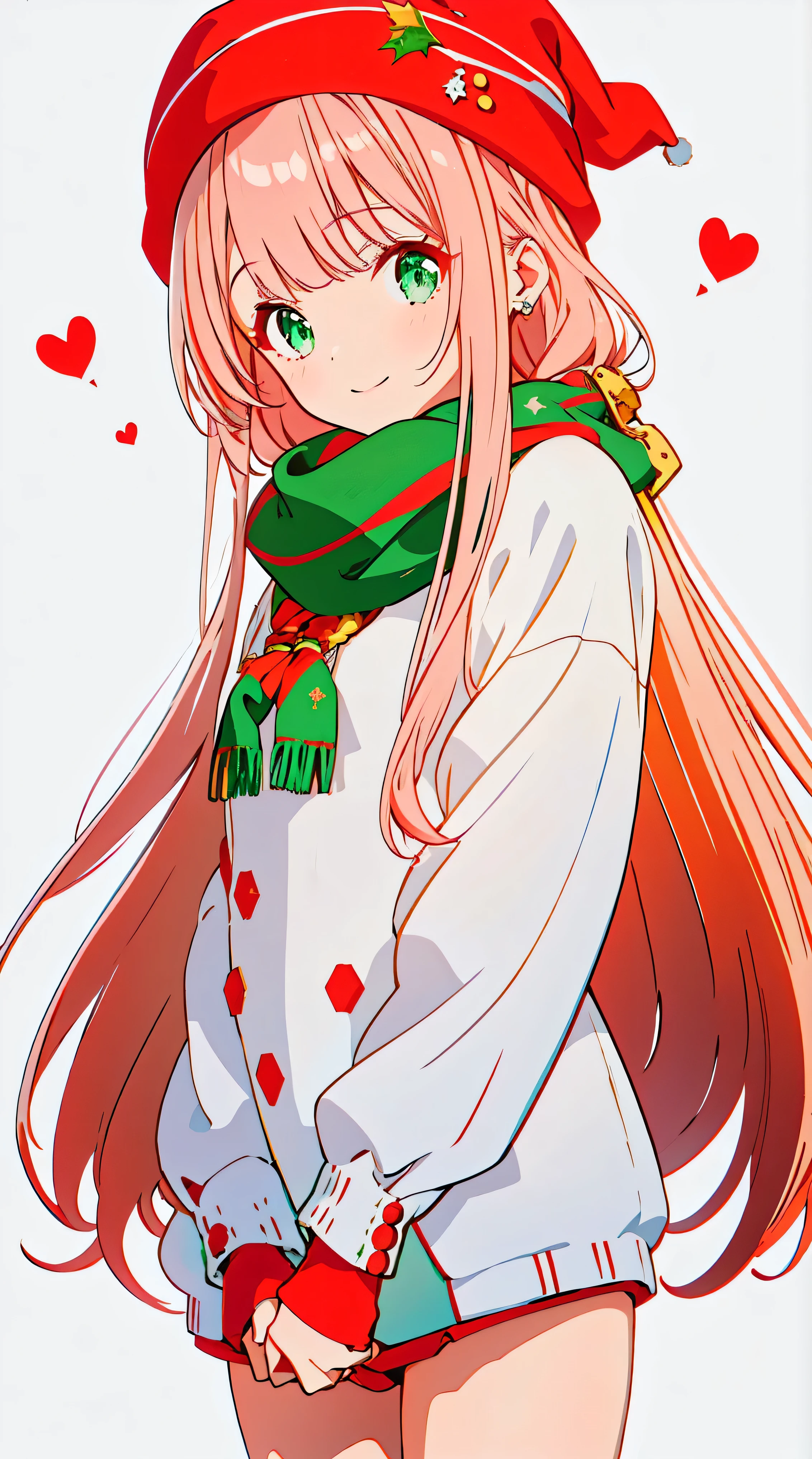 {{{{tmasterpiece}}}}, {{{ultra - detailed}}}, {{{A high resolution}}}, {{Good anatomy}}, (((Best quality at best))), ((Christmas theme)),((Emerald eyes,粉Red头发)),{{Extremely detailed and refined}}, {8k CG wallpaper}, {{illustratio}}, (long whitr hair|detailed hair|bluntbangs|shinny hair),Red knitted hat,Green gloves with white snowflake pattern,围巾: Red,Traditional Nordic pattern sweater dress: Red with white snowflake pattern,White chunky knit cardigan,woolen tights: The white, Brown leather boots,ssmile,(1个Giant Breast Girl:1), Alone,little breast, (color difference:1.2),Christmas tree background