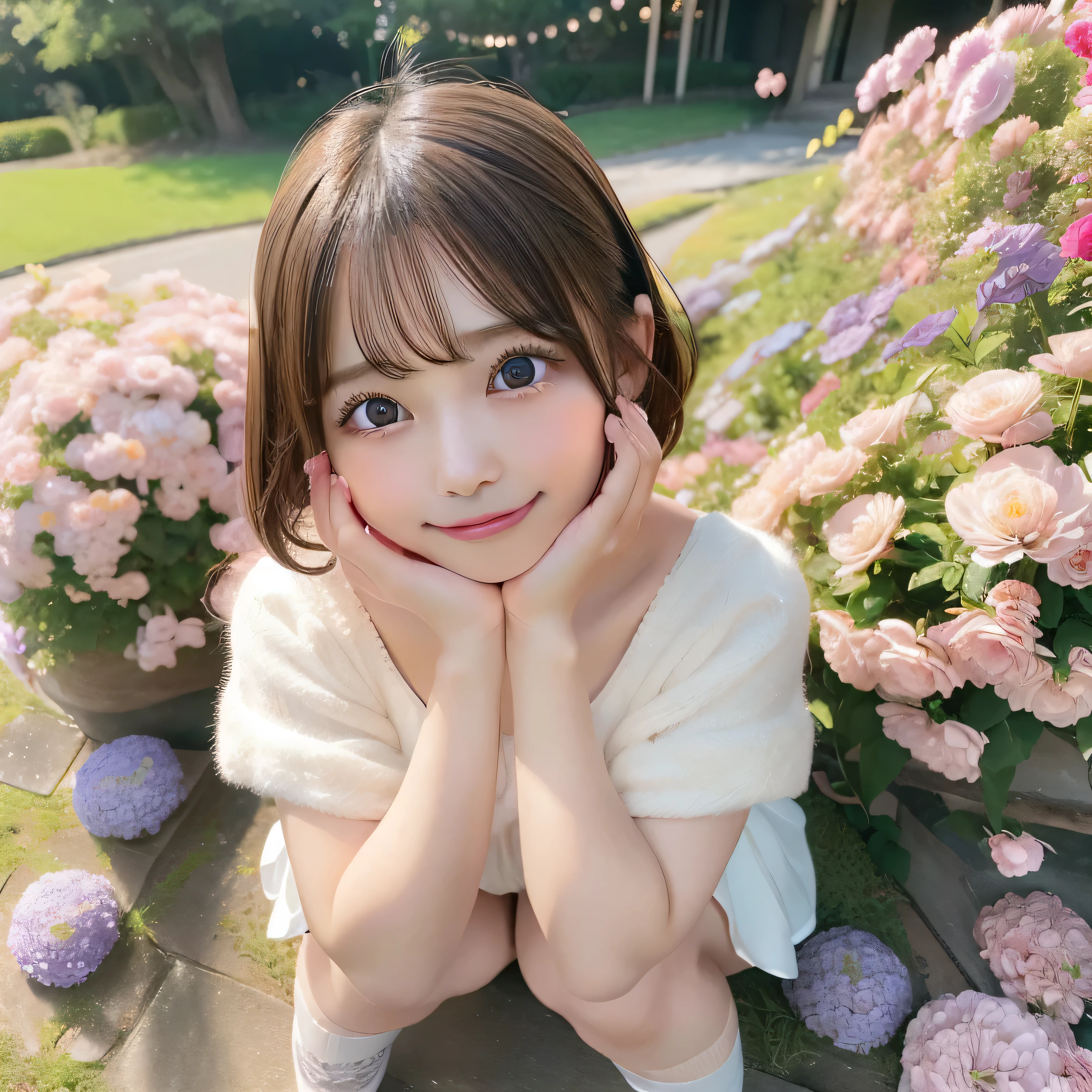 masutepiece, Best Quality, Illustration, Ultra-detailed, finely detail, hight resolution,(Best Quality,hdr effect,hight resolutionであり,Vivid colors,Anime-style,Cute and innocent,Bright eyes,rosy cheeks,long eyelashes,flowy hair、Poses in motion,Surrounded by colorful flowers,Natural lighting,Soft and warm tones,Innocent smile,thighs thighs thighs thighs、Hair that flutters in the wind、short-hair、nogizaka、Beautiful black eyes:1.3、17-year-old schoolgirl