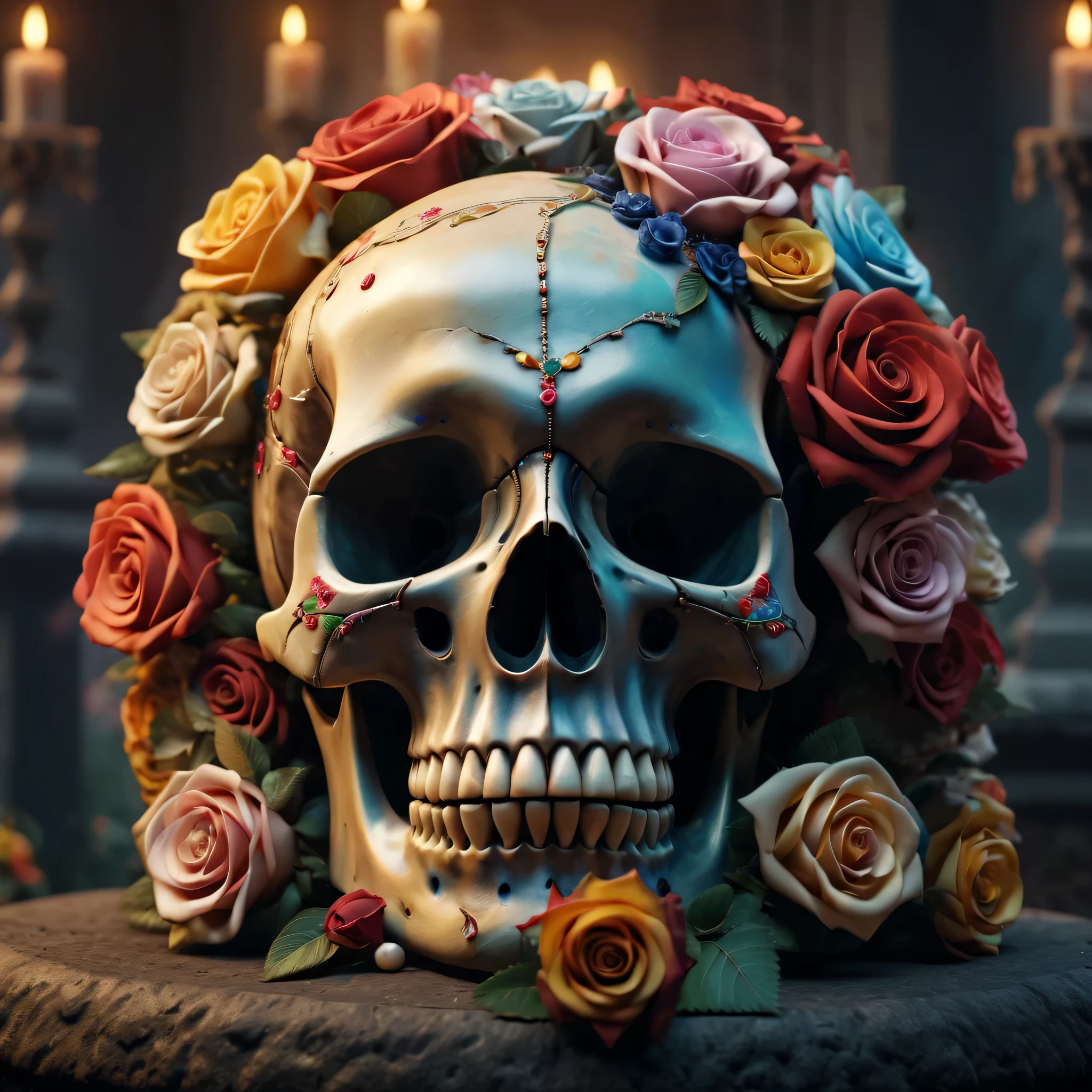 Best Quality,8K,hight resolution,masutepiece:1.2,Ultra-detailed,realistic crystal skull,detailed corpse,bouquet of colorful roses,Grave,Horror-themed,horror festival setting