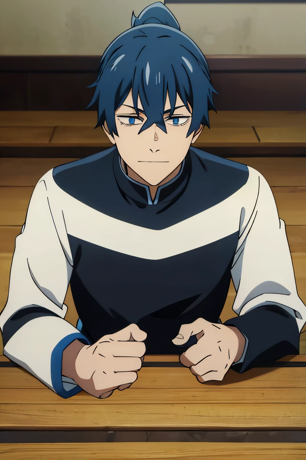 1boy, blue hair, blue eyes, ponytail, messy bangs, ,black shirt smiley, long sleeves,