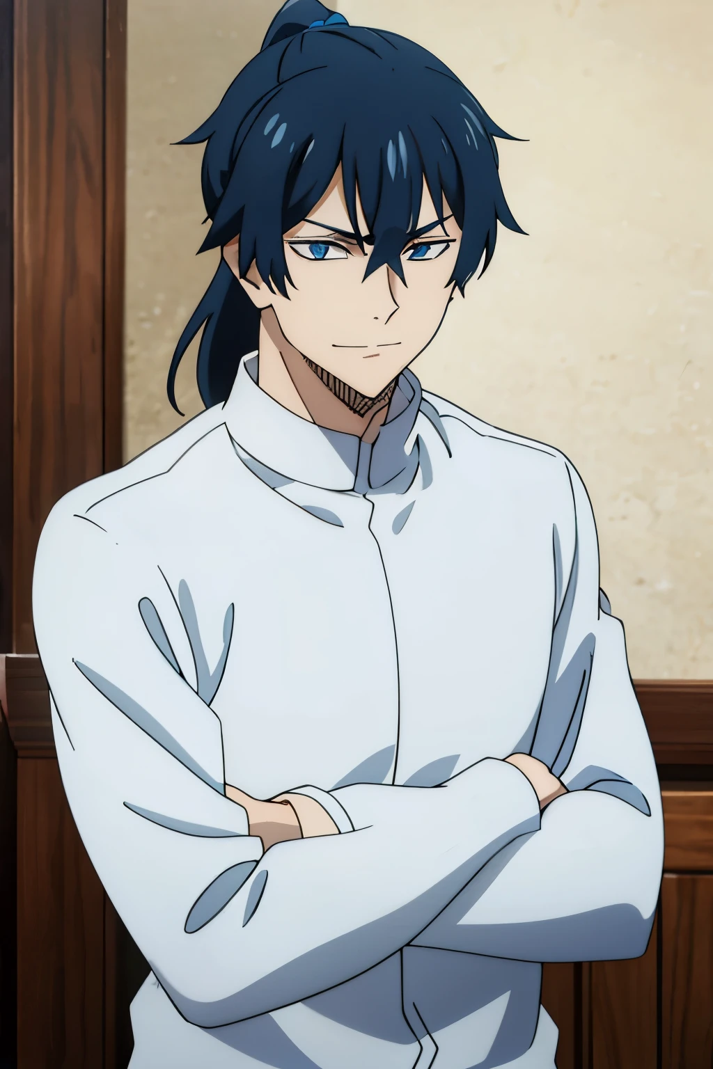 1boy, blue hair, blue eyes, ponytail, messy bangs, ,black shirt smirk, long sleeves,