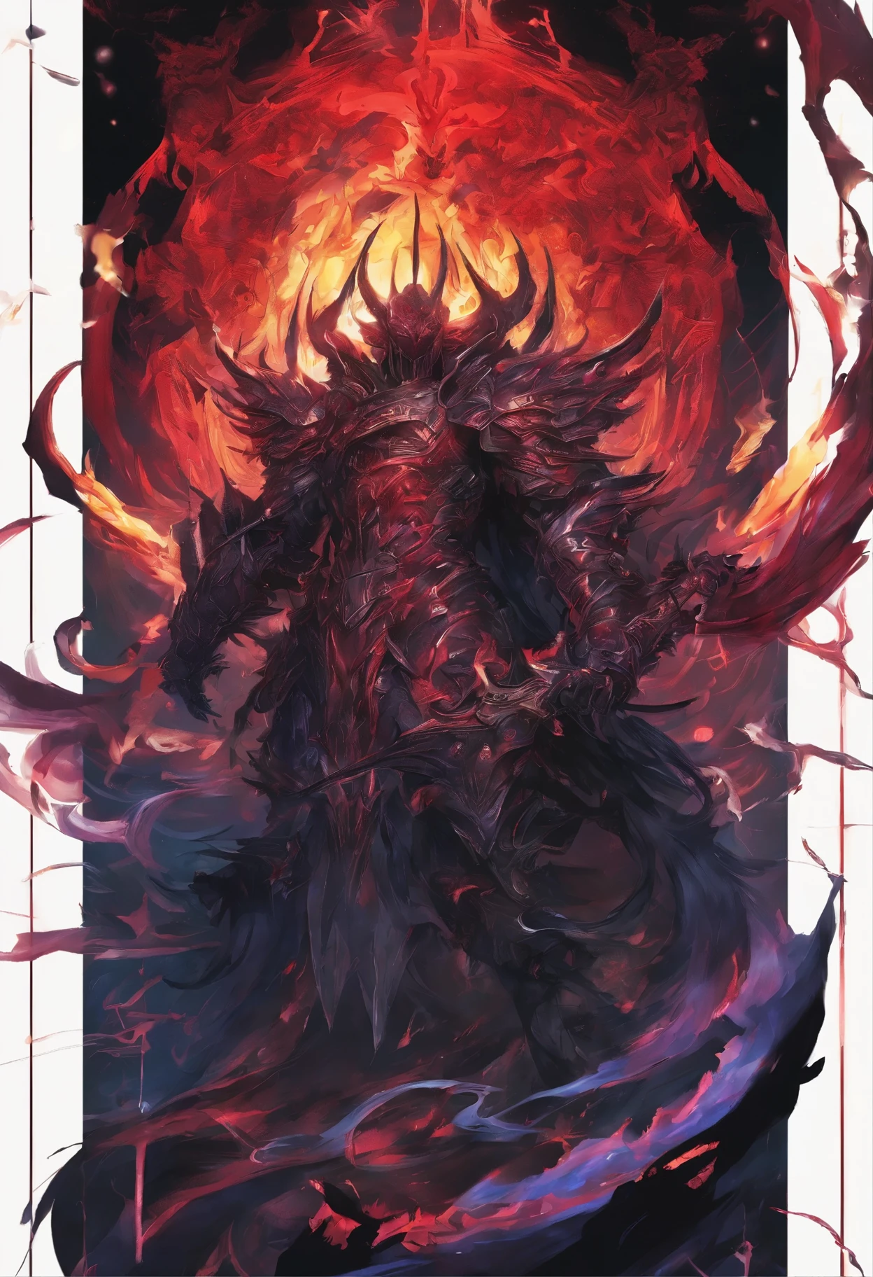 （Scale Messenger from Hell：1.4），Look at me condescendingly，defiance，Abominable，The whole body is wrapped in red flames，The long hairs of the flame fluttered in the wind，（Super huge, Claws are thick and sharp），（The whole body is covered with black scales：1.5），The scales are covered with thick barbs，The scales are super thick and scary，Reflective Scales Bloodthirsty Demon，（Two claws fighting：1.4），Lightning streaked across the sky，Underfoot is a thick sea of clouds and blood），（（Blood dripped from between the paws）），（stereoscopic perspective：1.4），artwork of a，ultra - detailed，4K分辨率，high high quality，电影灯光，High picture detail，Detailed pubic hair，epic shooting