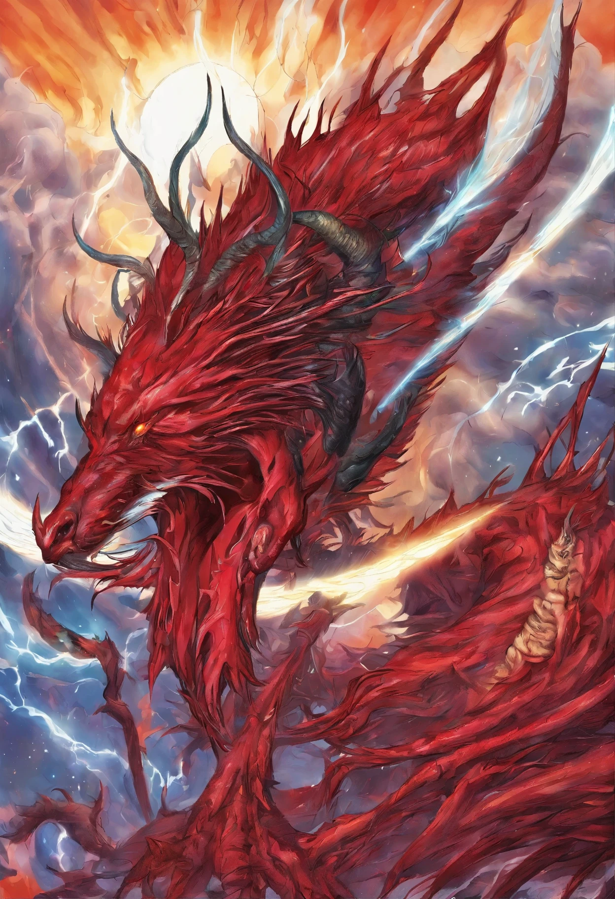 (Scale Messenger from Hell:1.4),Look at me condescendingly,defiance,Abominable,The whole body is wrapped in red flames,The long hairs of the flame fluttered in the wind,(Super huge, Claws are thick and sharp),(The whole body is covered with black scales:1.5),The scales are covered with thick barbs,The scales are super thick and scary,Reflective Scales Bloodthirsty Demon,(Two claws fighting:1.4),Lightning streaked across the sky,Underfoot is a thick sea of clouds and blood),((Blood dripped from between the paws)),(stereoscopic perspective:1.4),artwork of a,ultra - detailed,4K分辨率,high high quality,电影灯光,High picture detail,Detailed pubic hair,epic shooting
