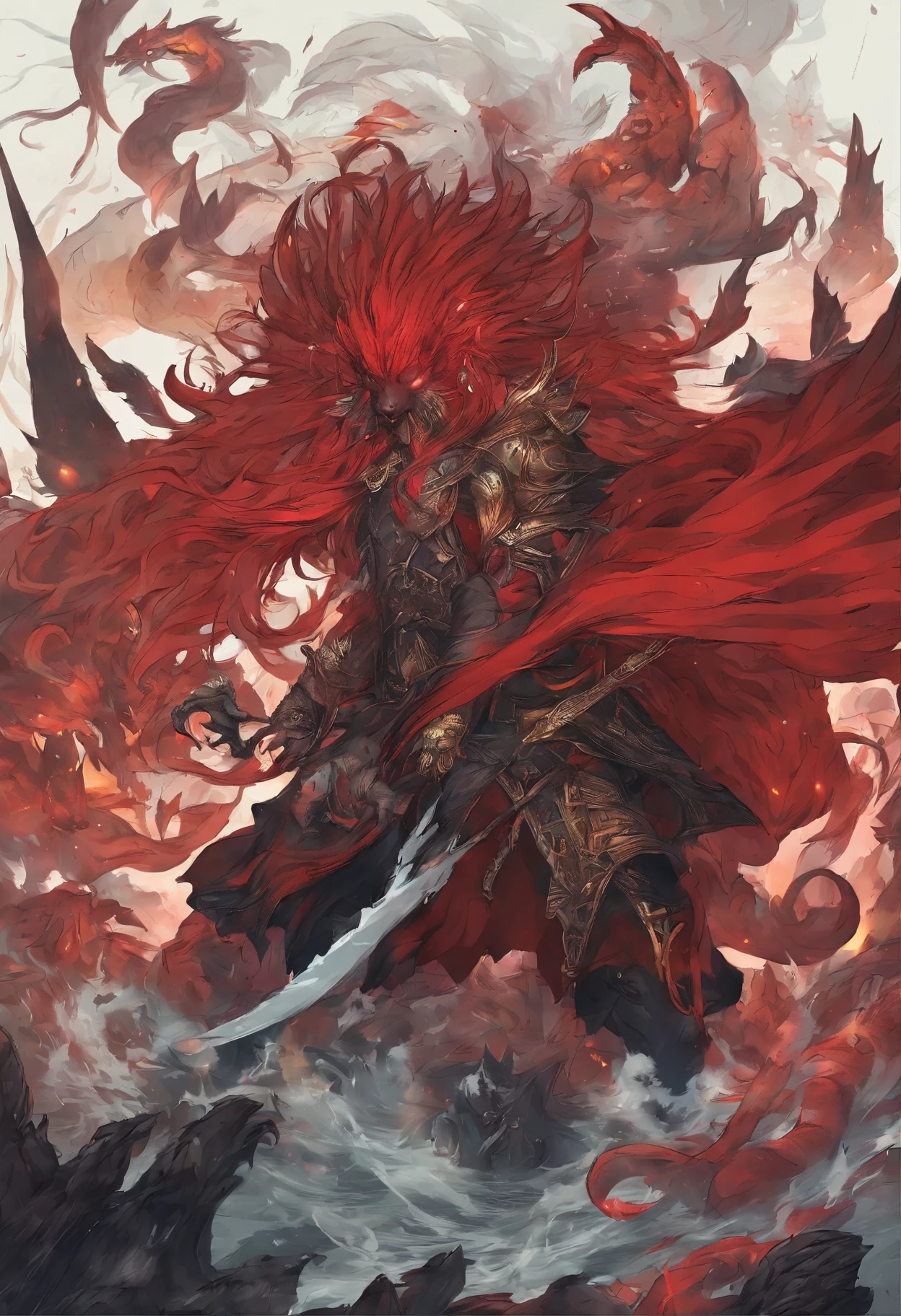 （Scale Messenger from Hell：1.4），Look at me condescendingly，defiance，Abominable，The whole body is wrapped in red flames，The long hairs of the flame fluttered in the wind，（Super huge, Claws are thick and sharp），（The whole body is covered with black scales：1.5），The scales are covered with thick barbs，The scales are super thick and scary，Reflective Scales Bloodthirsty Demon，（Two claws fighting：1.4），Lightning streaked across the sky，Underfoot is a thick sea of clouds and blood），（（Blood dripped from between the paws）），（stereoscopic perspective：1.4），artwork of a，ultra - detailed，4K分辨率，high high quality，电影灯光，High picture detail，Detailed pubic hair，epic shooting