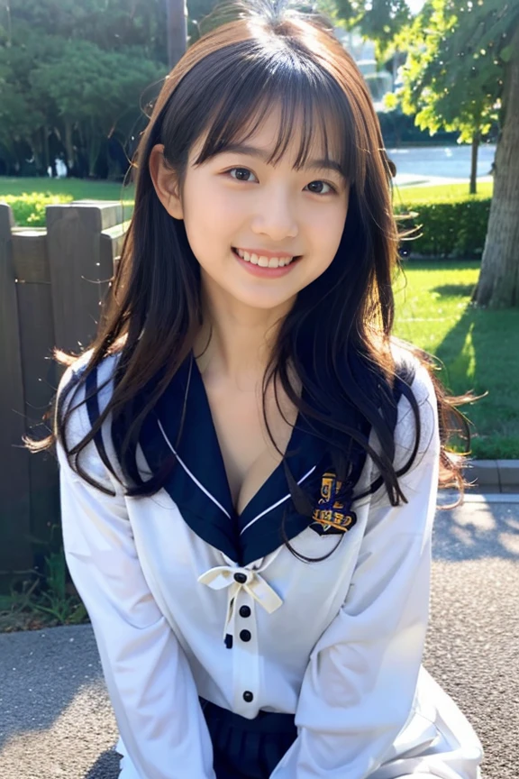 highest quality、shape、Very detailed、High resolution、Perfect dynamic composition、beautifully、Perfect hair with attention to detail、Natural color lip, smile、20-year-old girl、cute、(highest quality:1.3)、(masterpiece:1.3)、(The Very detailed:1.3)、(One Girl:1.1)、(Detailed hands and fingers:1.2)、Very detailedな光沢のある肌:1.1、smile、ponytail、University garden、The weather is good、Sailor suit、Pleated mini skirt、Big Breasts、Chest hair、Pay attention to the cleavage、(Are standing:1.2)