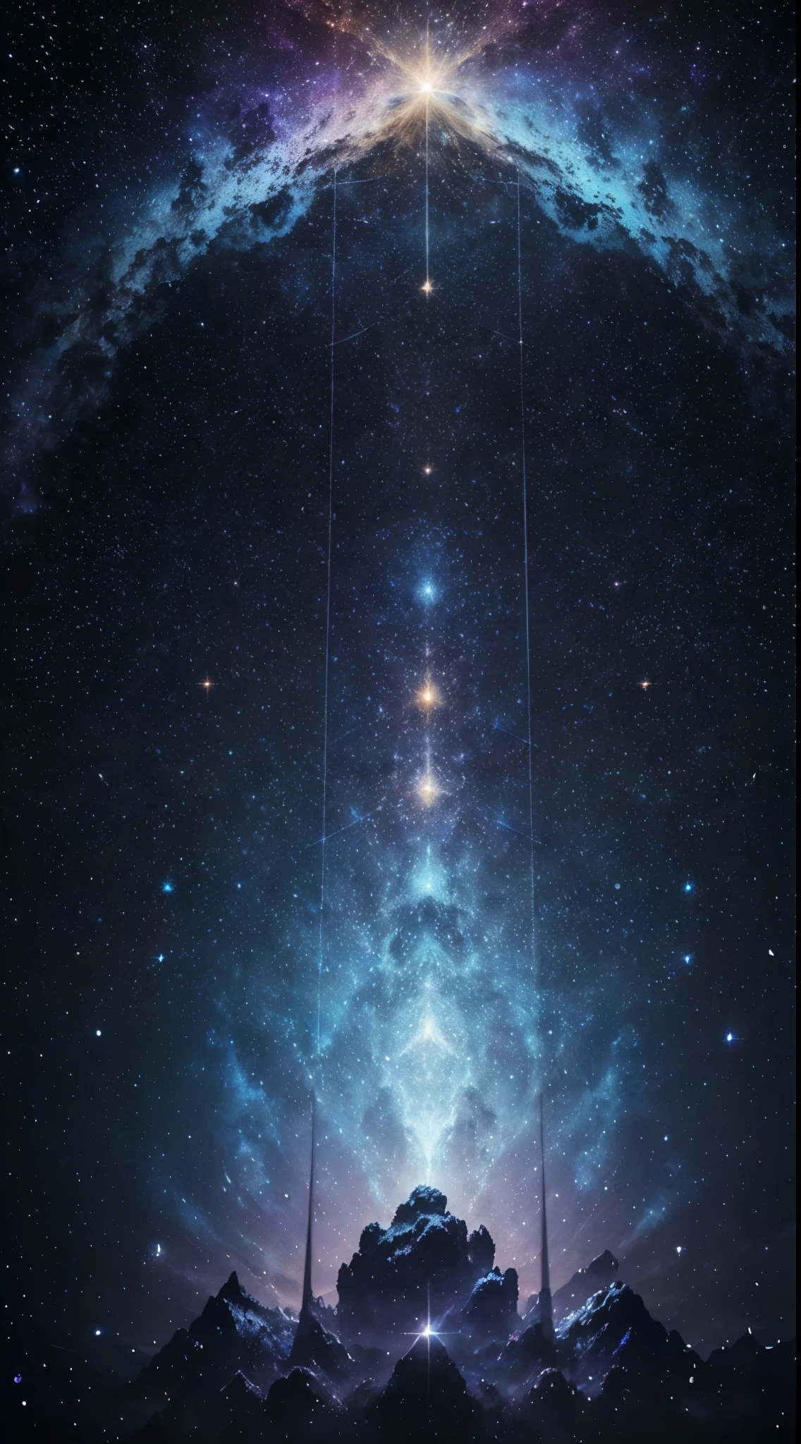 Generate a captivating series of high-quality wall art inspired by celestial elements. Utilize deep blues and purples to vividly depict galaxies and constellations, seamlessly blending realism with abstract patterns. Infuse a touch of elegance by incorporating subtle metallic accents. The goal is to produce visually stunning and intriguing artworks that evoke a sense of cosmic wonder and sophistication.