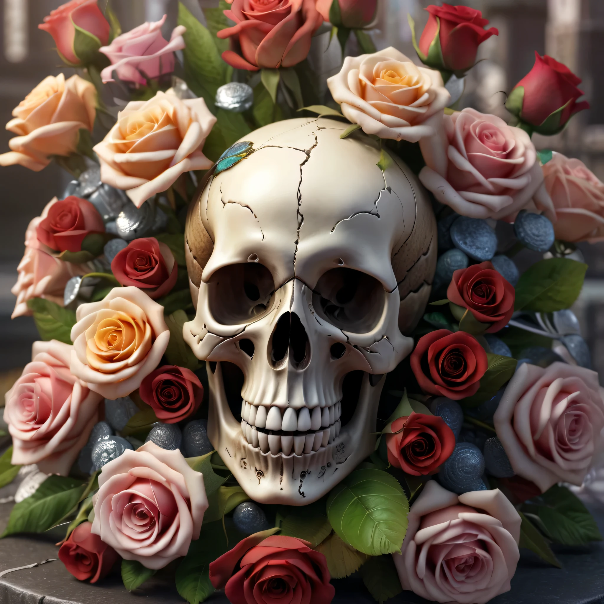 Best Quality,8K,hight resolution,masutepiece:1.2,Ultra-detailed,Realistic transparent crystal skull,detailed corpse,bouquet of colorful roses,Grave,Horror-themed,horror festival setting