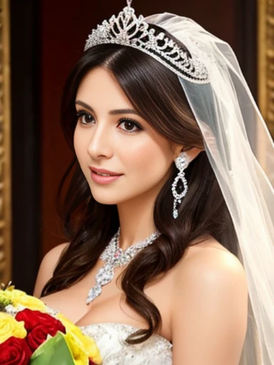 Lebanese lady, earrings, naked, necklace, bracelets, diamonds, 40 years old, strapless wedding dress, tiara and veil, bouquet, portrait, western style wedding, bright colors