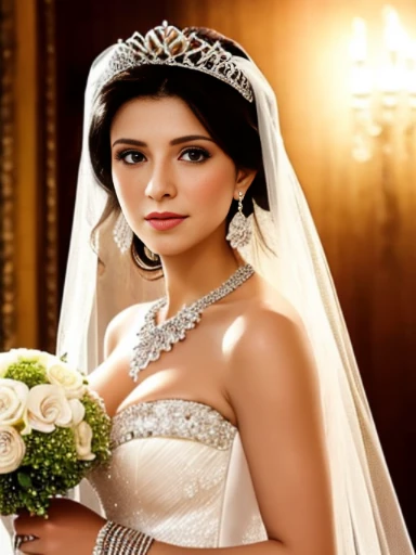 Lebanese lady, earrings, naked, necklace, bracelets, diamonds, 40 years old, strapless wedding dress, tiara and veil, bouquet, portrait, western style wedding, bright colors