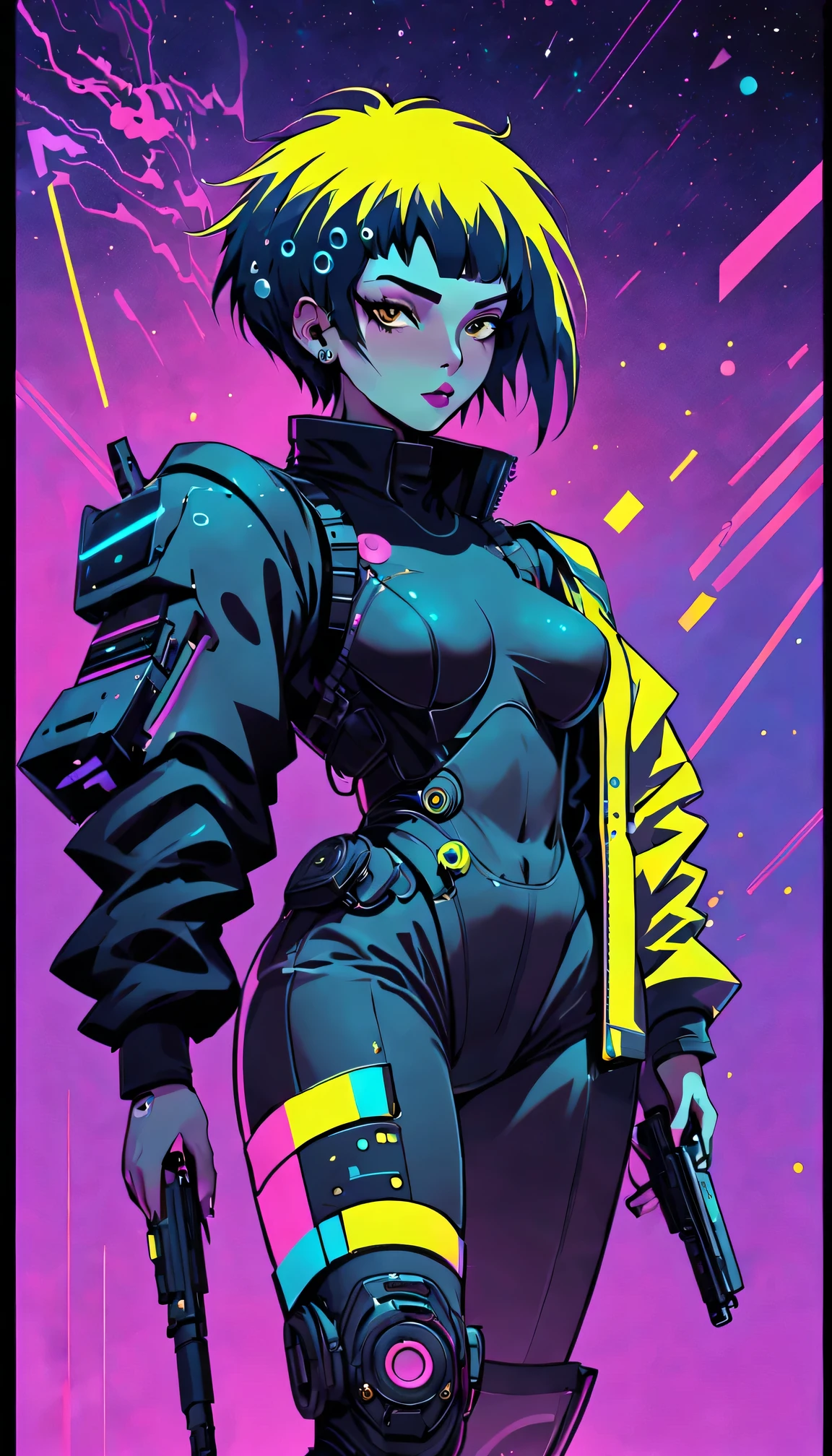 《bladerunner》filmposter:1 Lady, Starry sky and zodiac signs, Purple hues like nebulae, Vast space, cyber punk personage底部的城市, ( Background with:black and yellow Background with1.4), (RHAD:1.2), (artistic décor:1.4), (Retro-Future:1.4), (maximalist:1.4), (Clean:1.4), (Flat_colours:1.4), (cyber punk personage,Android:1.4), CCDDA art style