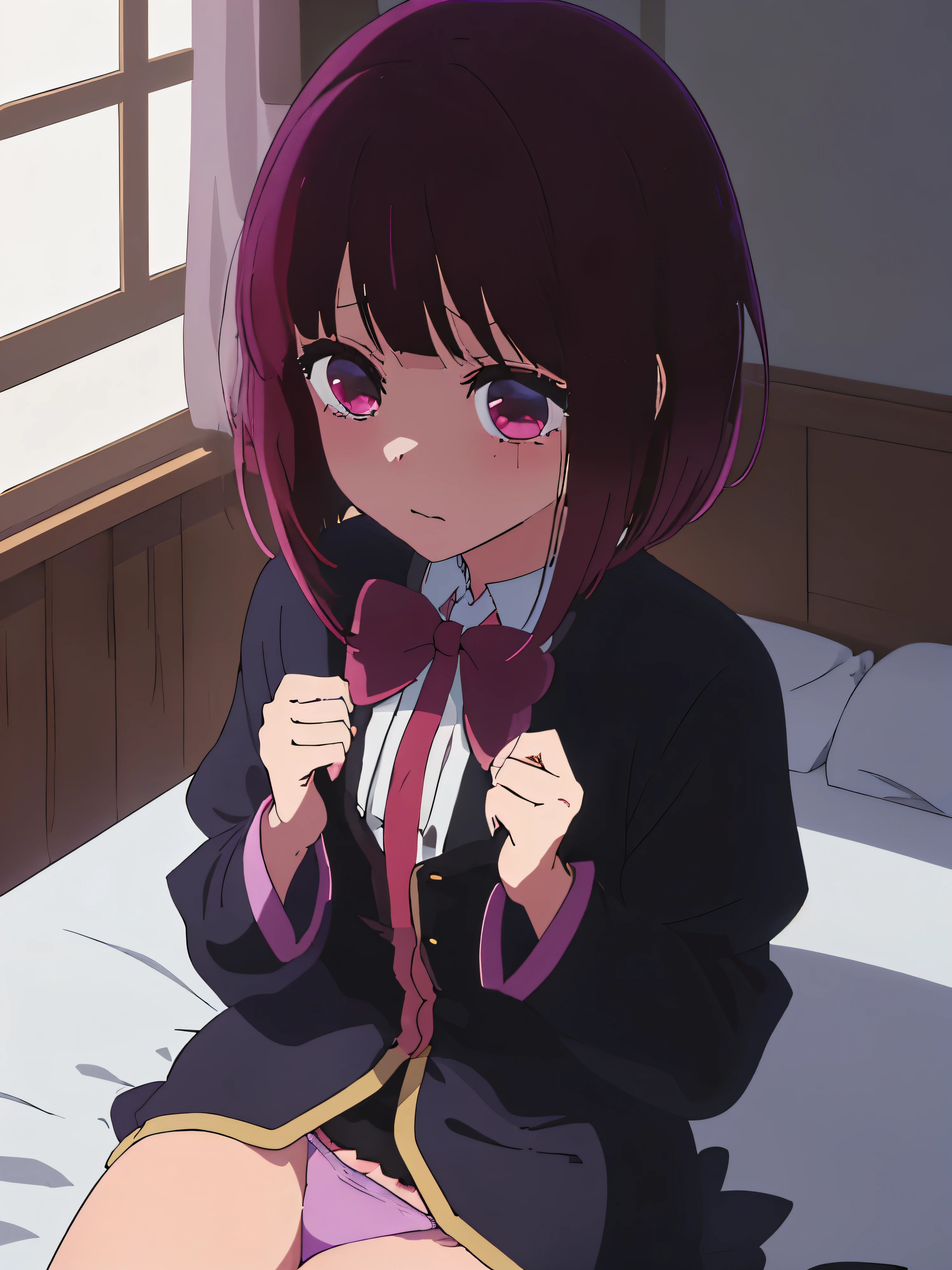 Anime girl wearing a purple bra top sitting on the bed, an anime drawing by Jin Homura, pixiv, shin hanga, Seductive Anime Girl, charming anime girls, Smooth Anime CG Art, Anime Best Girl, Cute anime girl, anime moe art style, cute little女の子のアニメビジュアル, oppai, beautiful alluring anime , cute littleアニメの女の子, (Raw photography:1.2)、(Photorealsitic:1.4)、(​masterpiece:1.3)、(top-quality:1.4)、超A high resolution、(A detailed eye)、(detailed facial features)、(detailed clothes features)、nffsw、8K分辨率、solofocus、bangss、skin tightening、(shinny skin)、(Slender girl)
(Extreme Detail)、dim room、Ruins、
Virtual Girl - Aim、Medium-breasted wavy hair、Shorthair、A dark-haired、Black eye、
1girl in, 
Crystal Pendant、String Panty Brapua、
Tie with a rope、embarrassed from、cute little、I'm about to cry、hang、Adult Models、raise one leg high、hang、Smaller chest、big butts、