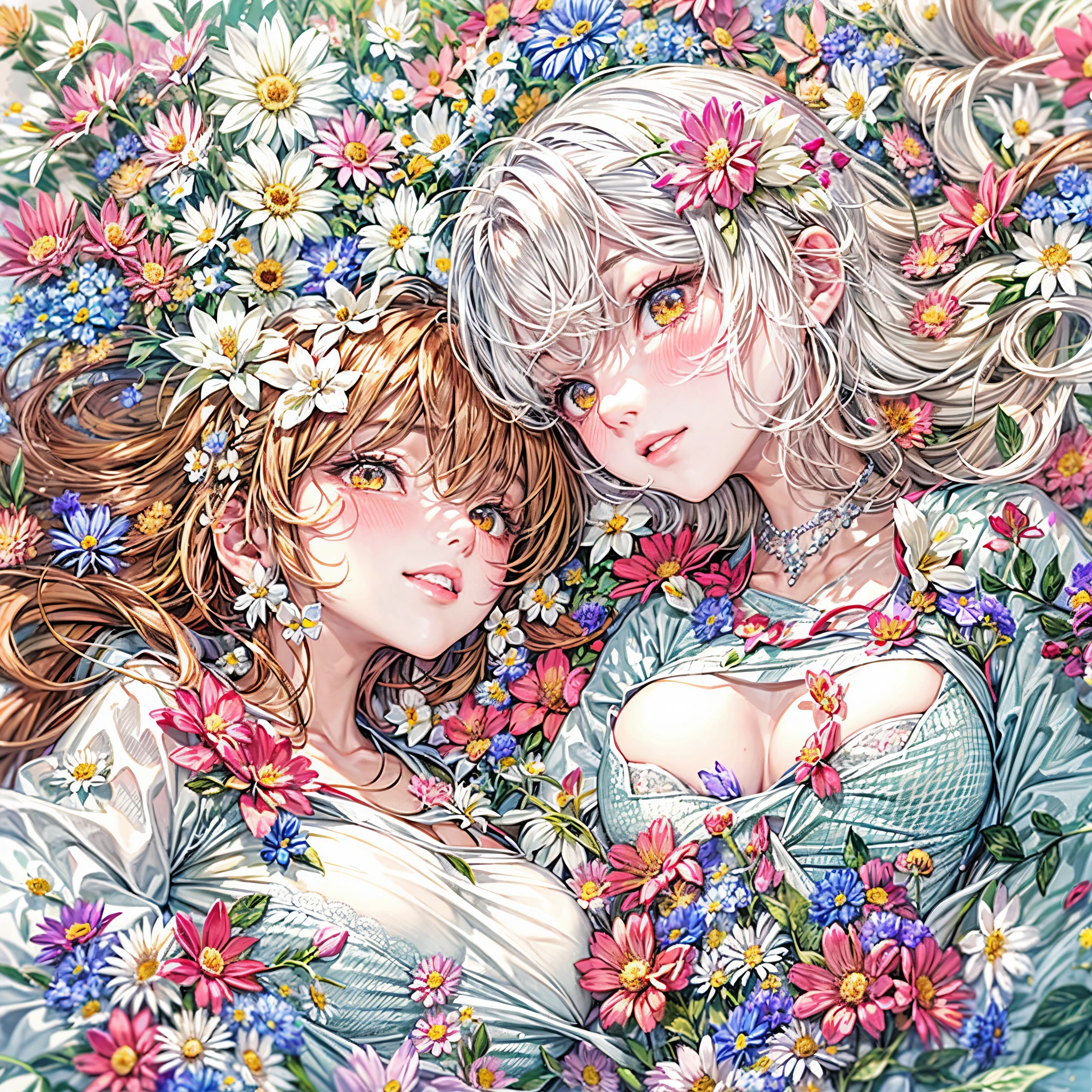 (((4 KAWAII girls laying in a colorful flower space, full of flowers))), ((SFW)), (Acutance), (Exposed:1.2), (Nipple:-0.9), (Face variations), { Sailor collar Uniform | Delicate white lace knitted wear | Delicate bikini made of flowers }, { Swaguchi Aika | Navel | pretty Ass | Overflowing sideboob | laying back }, { laughing | evil smile | :D }, ( oiled glistening skin), (fullbody:1.2), various color hair, {short bob|bung hair|low twin tail hair}, various boobs including flat chest, dynamic angle, {White| Red | gold | vivid colors }, (best quality), (masterpiece:1.2), extremely detailed, (RAW Photograph:1.37), an extremely delicate and beautiful, (( covering whole body with (many many flowers:1.37))), ( no extra limbs ) .