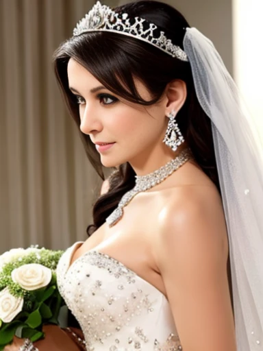 Lebanese lady, earrings, naked, necklace, bracelets, diamonds, 40 years old, strapless wedding dress, tiara and veil, bouquet, portrait, western style wedding, bright colors, shy, embarrassed
