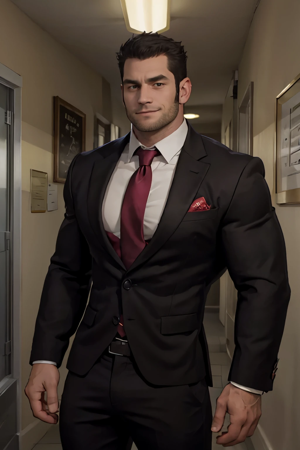 1 man, solo, 35 year old, Lucas Lee, wearing a black suit, ((red tie)), smirks, looking at the camera, tall and hunk, biceps, abs, chest, best quality, masterpiece, high resolution:1.2, upper body shot, dark black gloomy hallway with not background