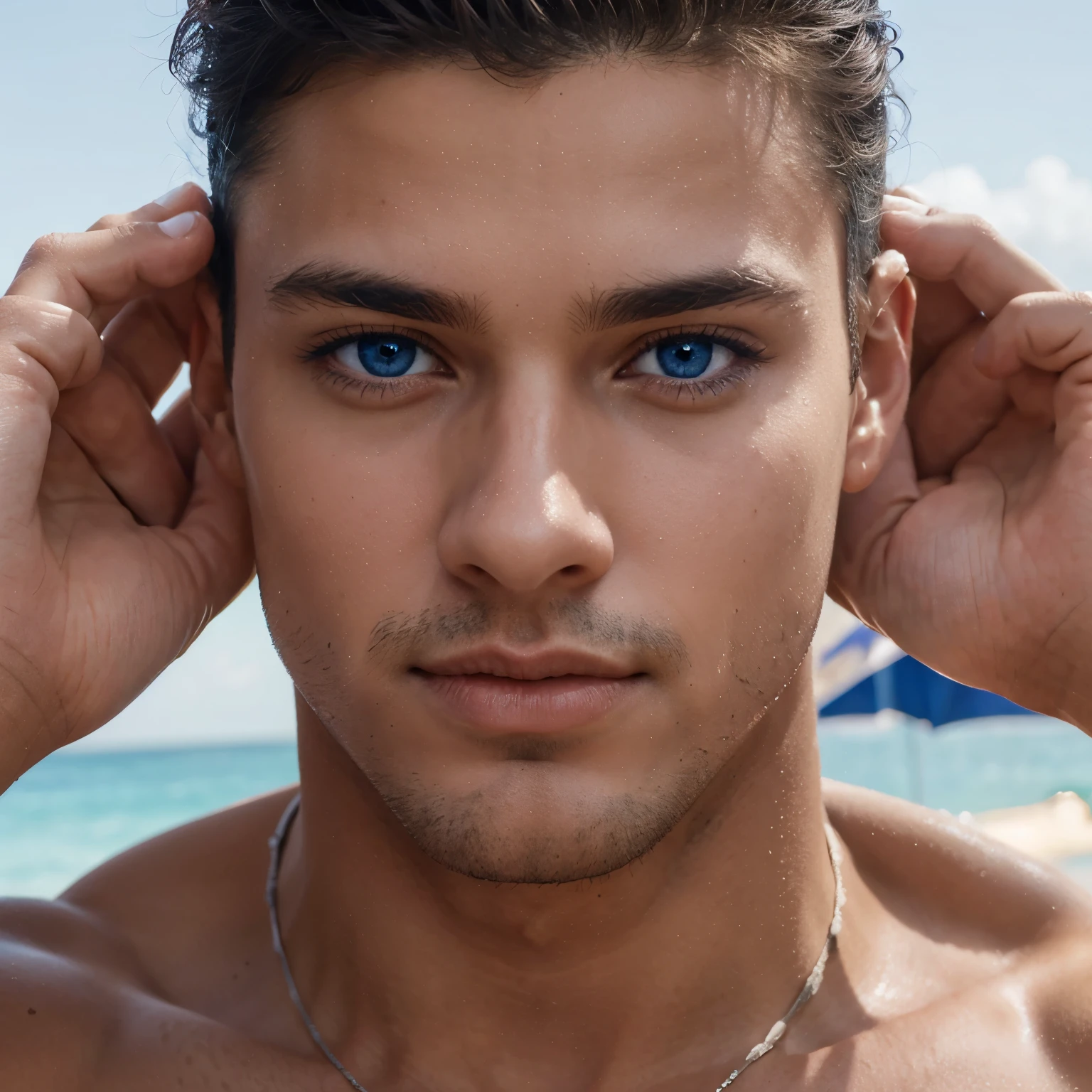 Perfect male model latino hyper realistisch blue eyes