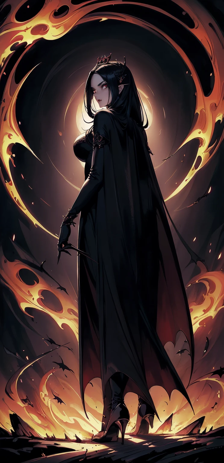 absurdres, ((stunning female Vampire))), goth Renaissance, (long black hair:1.erfect and detailed angular sharp oval shaped face, ((redeyes)), jewelry, red and black tetradic colors, full lips, gothic castle background, (solo), perfect , approaching perfection, ethereal, intricate details, ultra-high definition, 12k resolution, goth aesthetic, smooth, sharp focus, dreamy, glowing, backlit, glamour, glimmer, fantastical, shadows, smooth, Gothic crown, walking through flames of fire, (whole body) full body , gothic illustration