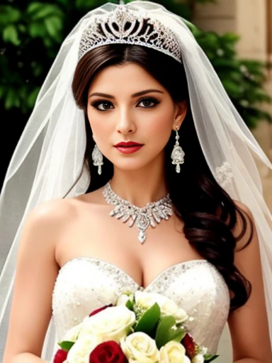 Lebanese lady, earrings, naked, necklace, bracelets, diamonds, 40 years old, strapless wedding dress, tiara and veil, bouquet, portrait, western style wedding, bright colors, smokey eyes, red lips