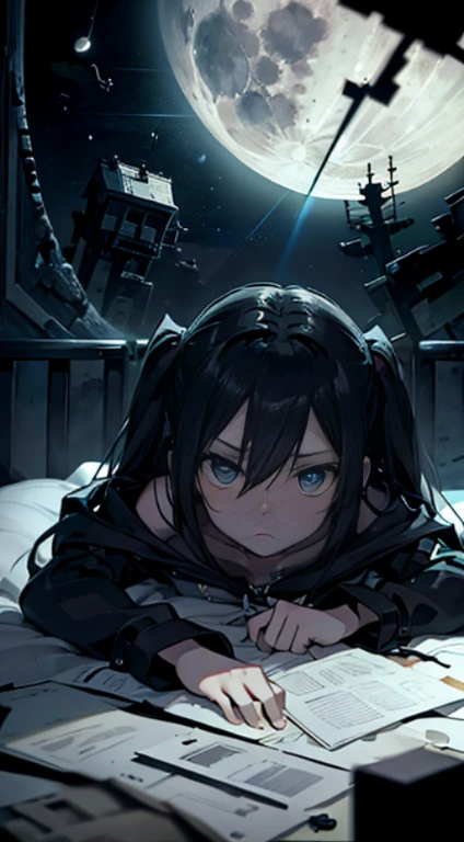 Mato Kuroi from black rock shooter on a bed in a bedroom, space, space ship, bed, bedroom, futuristic, moon,