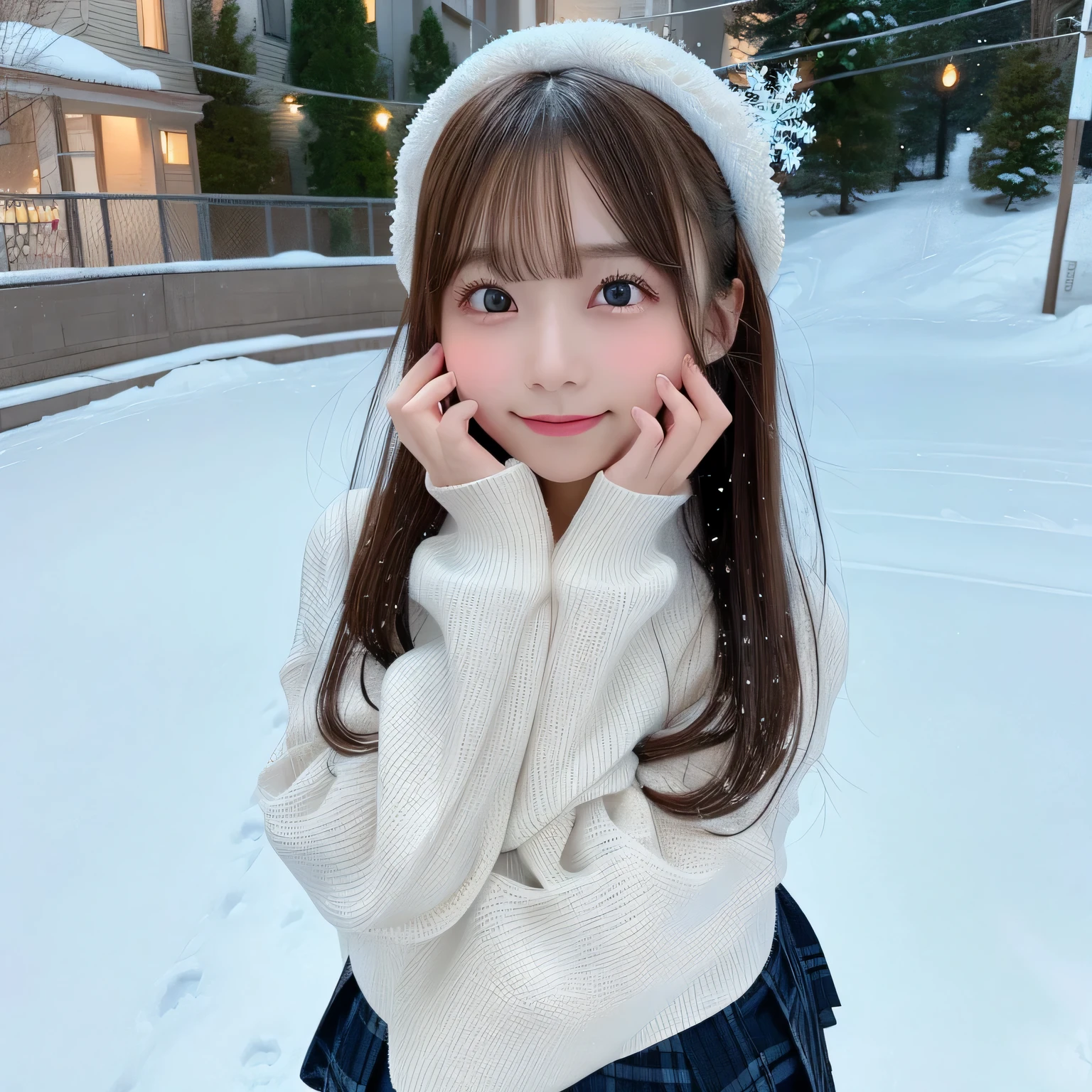 masutepiece, Best Quality,, Ultra-detailed, finely detail, hight resolution,girl in pleated miniskirt, Snowy landscape, Winter wonderland, Cute and innocent look, rosy cheeks, Sparkling eyes, warm winter clothes, Poses in motion, footsteps in the snow, Falling snowflakes, Frosty tree, Snowy ground, soft snow texture, gentle and delicate lighting, Pastel color palette, dreamy ambiance, quirky and magical, hight resolutionの傑作:1.2, Ultra-detailed, Realistic:1.37, Vivid colors, Bokeh.、Playing in the snow、Laugh innocently、Poses in motion、Hair that flutters in the wind、Shot from directly below、nogizaka、Beautiful black eyes:1.３、17-year-old schoolgirl