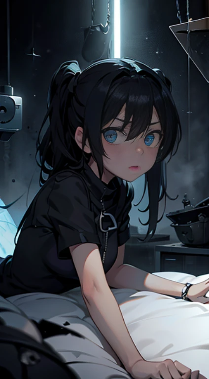 Mato Kuroi from black rock shooter on a bed in a bedroom, space, space ship, bed, bedroom, futuristic, moon,