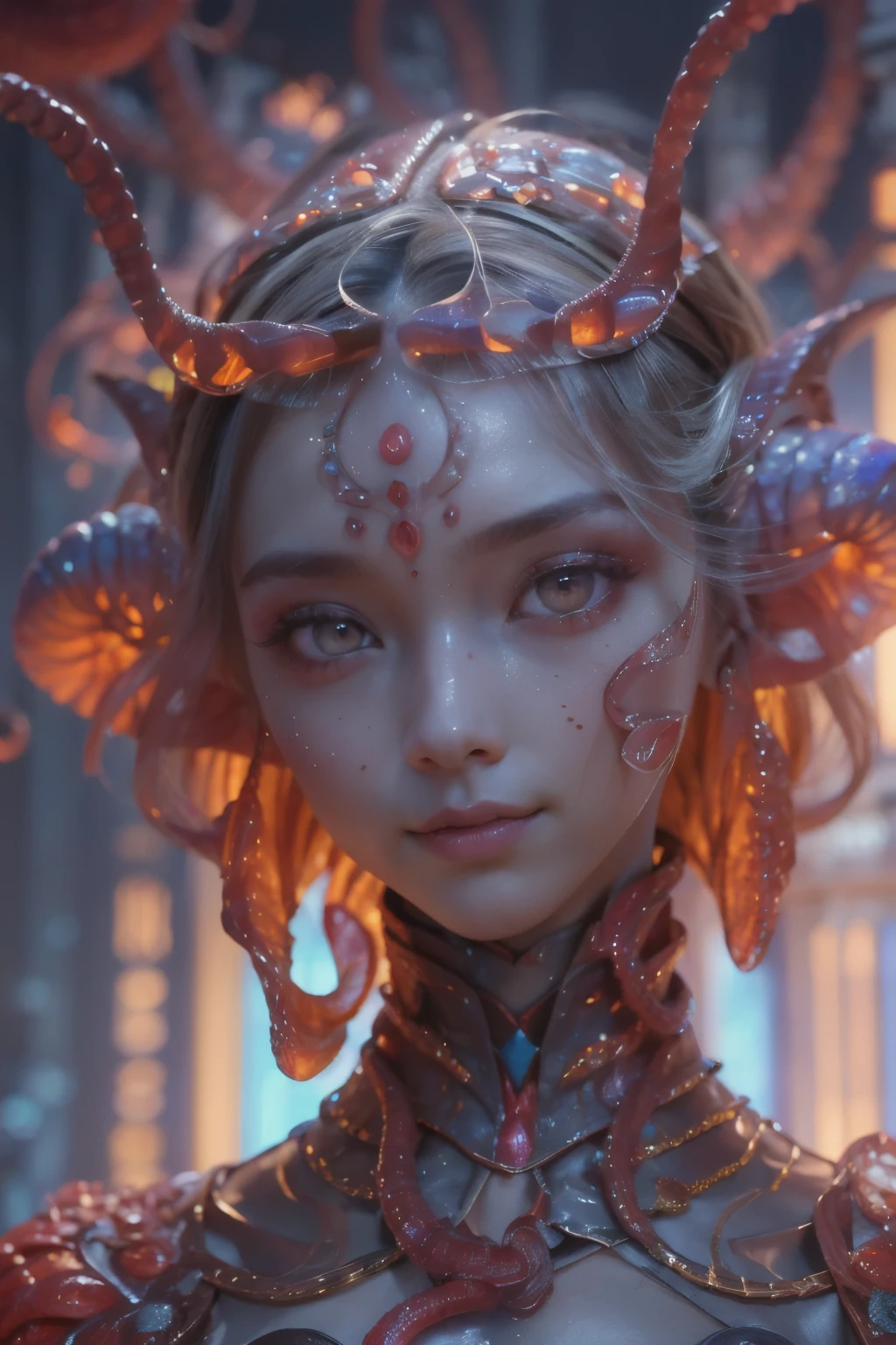 Portrait, (beautiful female alien:1.2), (There is a female genital-like organ in the middle of the forehead..:1.8), (The most beautiful face in the history of the universe:1.2), (scarlet eyes:1.6), (Translucent skin:1.8), an evil gaze that seduces , (red eyes:1.5), Full body like, (sexypose:1.5), alien, No humans, cells are fused, (Lots of translucent tentacles:1.1) (Translucent skin:1.3), extraterrestrial, cell, bio image, 魅惑的, Best Quality, 8K,4K_quality, High Definition, Dramatic Lighting, masutepiece:1.5,cinematic quality, detail up, (Intricate details:1.2), High resolution, High Definition, drawing faithfully, (Thick eyebrows:1.2), Beautiful eyes with fine symmetry, (Ultra detailed eyes:1.2),(Highly detailed face and eyes:1.2), (High-resolution red-eye:1.4), Intimate face, (Super detailed skin quality feeling:1.4), Perfect Anatomy, (Beautiful toned body:1.5), (Moist skin:1.2), No makeup, (dark circles:1.1), long canines, cinematic drawing of characters, ultra high quality model, cinematic quality, detail up, (Intricate details:1.2), High resolution, High Definition, drawing faithfully, Official art, Unity 8K wall , 8K Portrait, Best Quality, Very High resolution, ultra detailed artistic photography, midnight aura, unreal enginee 5, Ultra Sharp Focus, art by alberto seveso, ArtGerm, Roisch, intricate artwork, Medusa, best quality, masutepiece, ultra High resolution, (photos realistic:1.4), Ultra-realistic realism, dream-like, nautilus, Creation of fantasy, Snail, Dream Snail, biopunk nautilus, Thrilling color schemes, Ultra-realistic realism, seductively smiling, Blue tentacles