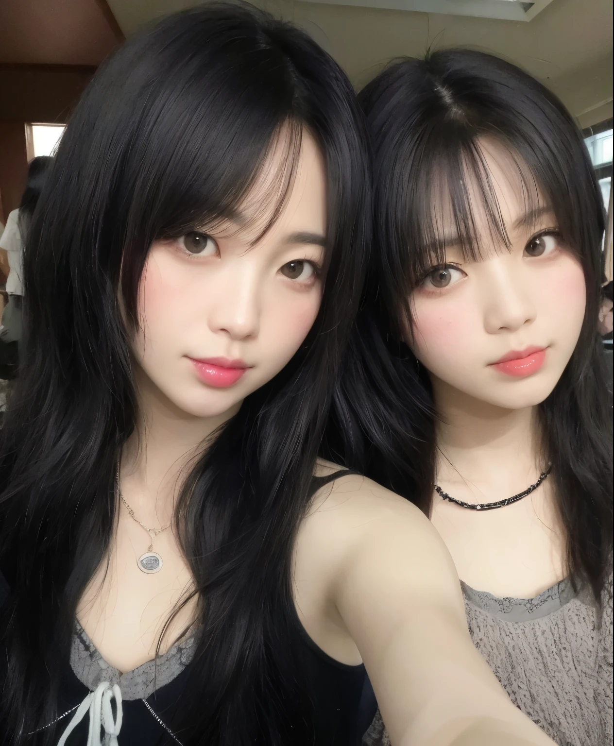 Two Asian women with long black hair posing for a photo, Ulzzang, Ayami Kojima e Lyde Caldwell, com preto, Yoshitomo Nara e Aya Takano, sui ishida com preto hair, Ela tem cabelo preto com franja, preto hime corte cabelo, Shikami, Sakimichan, Rosto bonito das ******s japonesas, cabelo blackbangs cabelo