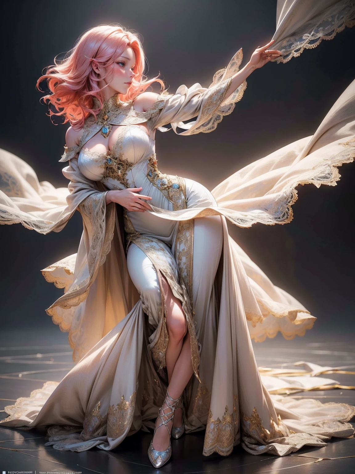 {-erro_de_anatomia:1.0}(best quality,4k,8k,highres,masterpiece:1.2), ultra-detailed, (realistic,photorealistic,photo-realistic:1.37), mature milf, illyasviel von einzbern, redhead hair, full body, vibrant colors, glowing skin, mesmerizing eyes, elegant pose, enchanting background, delicate lace dress, surreal lighting, ethereal atmosphere, mystical aura, intricate details, artistic medium, digital illustration, fantasy, anime, dancing litghtly