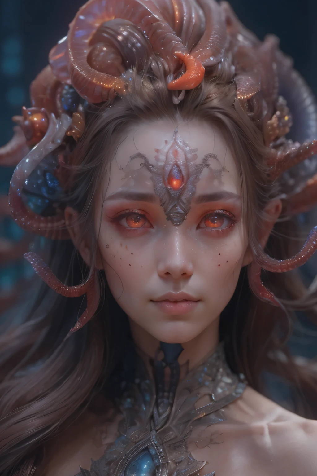 Portrait, (beautiful female alien:1.2), (There is a female genital-like organ in the middle of the forehead..:1.8), (The most beautiful face in the history of the universe:1.2), (scarlet eyes:1.6), (Translucent skin:1.8), an evil gaze that seduces , (red eyes:1.5), Full body like, (sexypose:1.5), alien, No humans, cells are fused, (Lots of translucent tentacles:1.1) (Translucent skin:1.3), extraterrestrial, cell, bio image, 魅惑的, Best Quality, 8K,4K_quality, High Definition, Dramatic Lighting, masutepiece:1.5,cinematic quality, detail up, (Intricate details:1.2), High resolution, High Definition, drawing faithfully, (Thick eyebrows:1.2), Beautiful eyes with fine symmetry, (Ultra detailed eyes:1.2),(Highly detailed face and eyes:1.2), (High-resolution red-eye:1.4), Intimate face, (Super detailed skin quality feeling:1.4), Perfect Anatomy, (Beautiful toned body:1.5), (Moist skin:1.2), No makeup, (dark circles:1.1), long canines, cinematic drawing of characters, ultra high quality model, cinematic quality, detail up, (Intricate details:1.2), High resolution, High Definition, drawing faithfully, Official art, Unity 8K wall , 8K Portrait, Best Quality, Very High resolution, ultra detailed artistic photography, midnight aura, unreal enginee 5, Ultra Sharp Focus, art by alberto seveso, ArtGerm, Roisch, intricate artwork, Medusa, best quality, masutepiece, ultra High resolution, (photos realistic:1.4), Ultra-realistic realism, dream-like, nautilus, Creation of fantasy, Snail, Dream Snail, biopunk nautilus, Thrilling color schemes, Ultra-realistic realism, seductively smiling, Blue tentacles