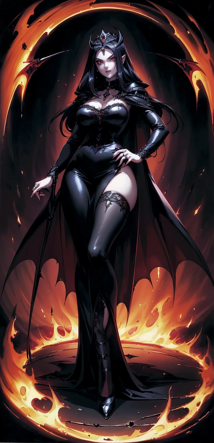 absurdres, ((stunning female Vampire))), goth Renaissance, (long black hair:1.erfect and detailed angular sharp oval shaped face, ((redeyes)), jewelry, red and black tetradic colors, full lips, gothic castle background, (solo), perfect anatomy, approaching perfection, ethereal, intricate details, ultra-high definition, 12k resolution, goth aesthetic, smooth, sharp focus, dreamy, glowing, backlit, glamour, glimmer, fantastical, shadows, smooth, Gothic crown, walking through flames of fire, (whole body) full body , gothic illustration
