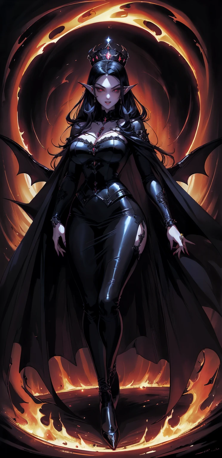 absurdres, ((stunning female Vampire))), goth Renaissance, (long black hair:1.erfect and detailed angular sharp oval shaped face, ((redeyes)), jewelry, red and black tetradic colors, full lips, gothic castle background, (solo), perfect anatomy, approaching perfection, ethereal, intricate details, ultra-high definition, 12k resolution, goth aesthetic, smooth, sharp focus, dreamy, glowing, backlit, glamour, glimmer, fantastical, shadows, smooth, Gothic crown, walking through flames of fire, (whole body) full body , gothic illustration