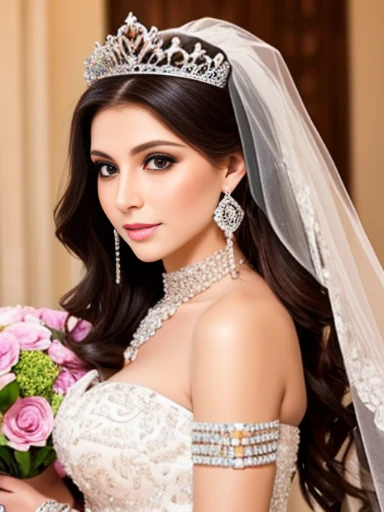 Lebanese lady, earrings, necklace, bracelets, diamonds, 40 years old, strapless wedding dress, tiara and veil, bouquet, portrait, western style wedding, bright colors, smokey eyes, pink lips, glossy lips