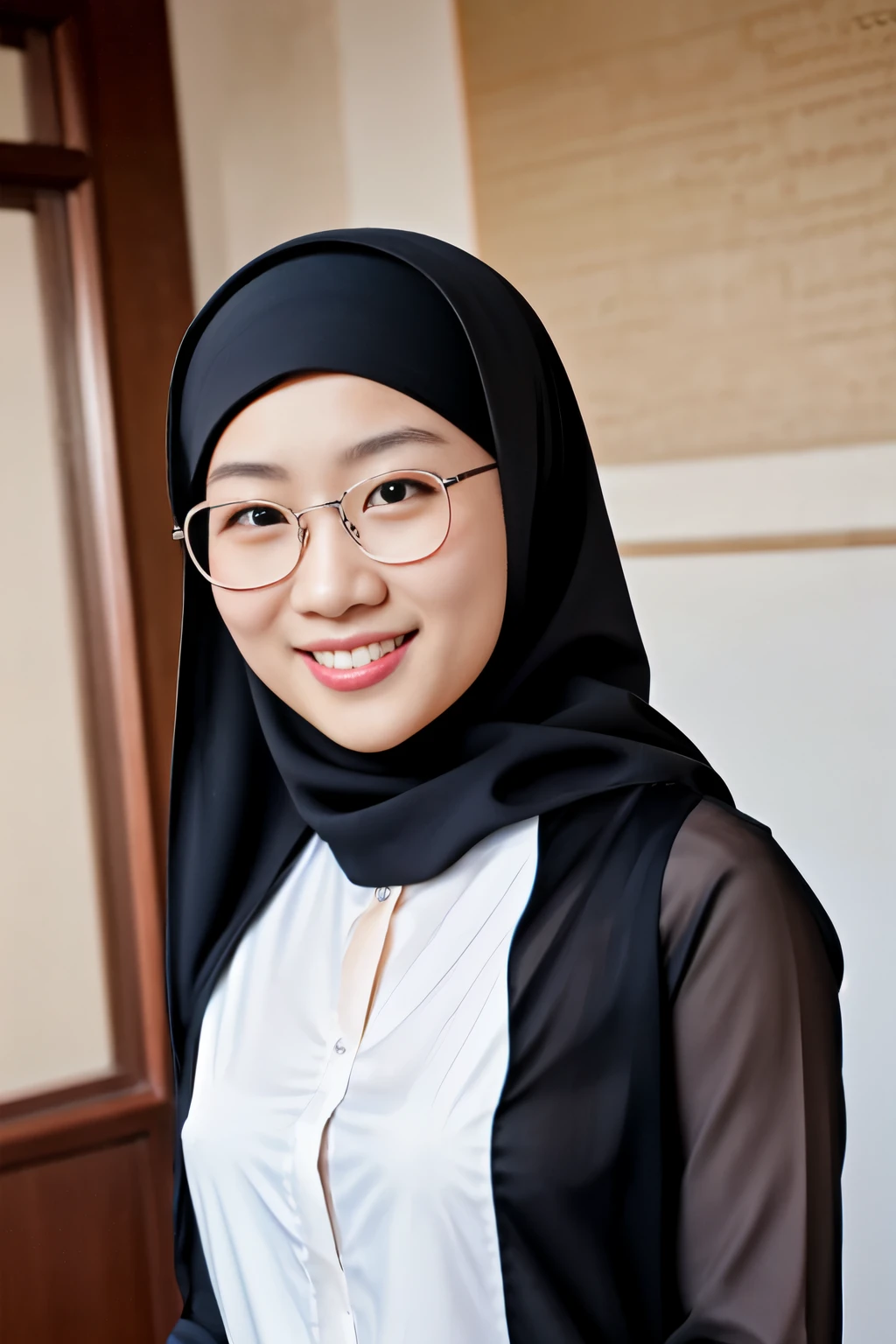 Masterpiece, hd, realistic, 1girl, 20 y.o, Chinese girl, Chinese face, muslim, wear hijab, black hijab, white shirt, long Sleeve, smile, potrait, wear round glasses, light smile
