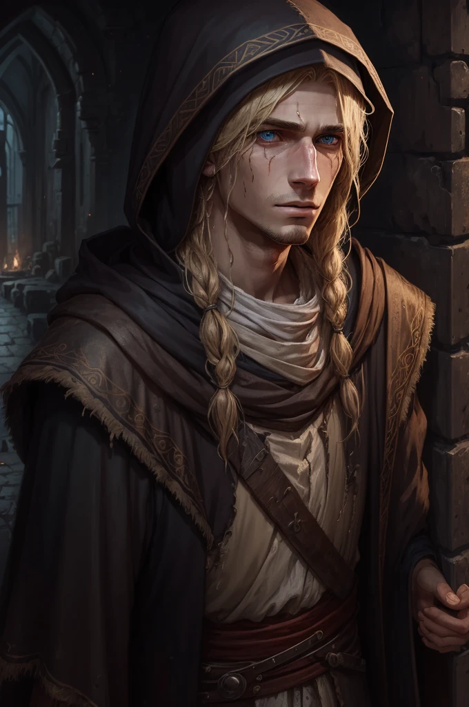 Young man with a scar, long disheveled blond hair and a terrible scar on his face., mage, Dirty medieval clothes, beggar, hood, 血, deviant art, Artstation, oil flushing