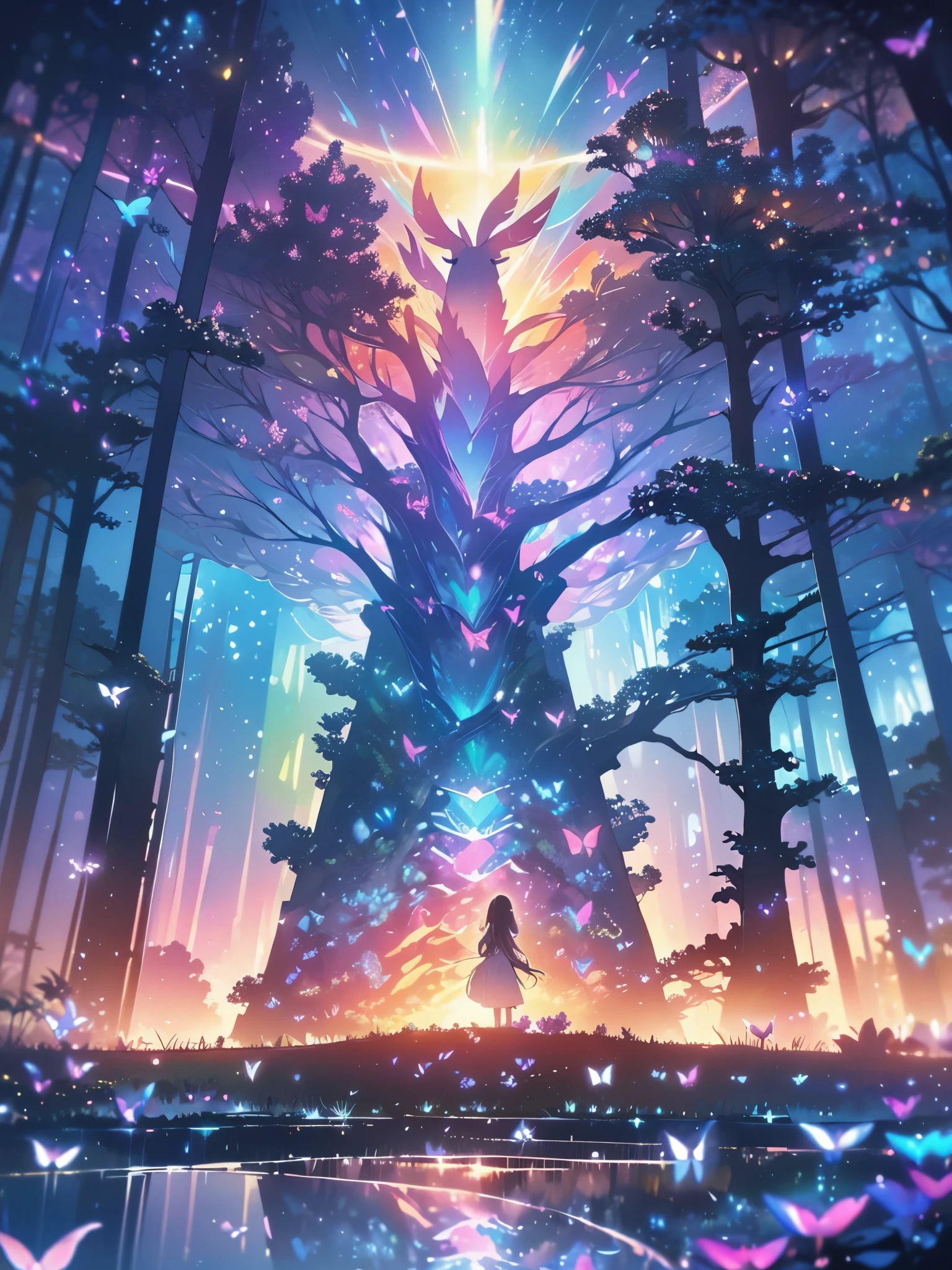 A mystical and enchanted forest, with luminous flowers, neon butterflies, crystal clear water from a waterfall, beautiful trees, (((setting of the greatest enchantment of a beautiful story))), in the background of the scene a mystical illuminated deer, {paper extremely detailed 16k CG unit wall}, expansive landscape photography, (a low view focusing on the character and the sky above), (wide open field view), (low angle shot), (high light: 1.4 ), (low light: 1.2), (warm light source: 1.6), complex details, (iridescent colors: 1.6), (bright lighting), (atmospheric lighting), dreamy, unique,