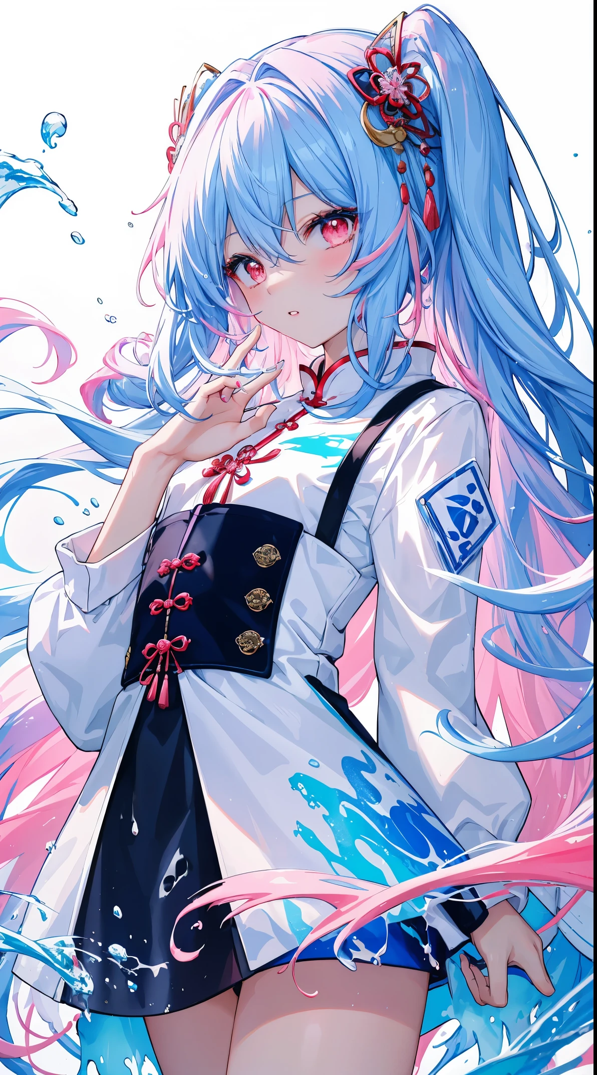 (tmasterpiece, Best quality at best, A high resolution), white backgrounid, Acrylic paints, ((splash of color, Splash ink, splash of color)), Sweet Chinese girl, long light blues hair, [light blues|with pink hair, curlies , glitters, Peach lips, white shirt, frontage, The upper part of the body
